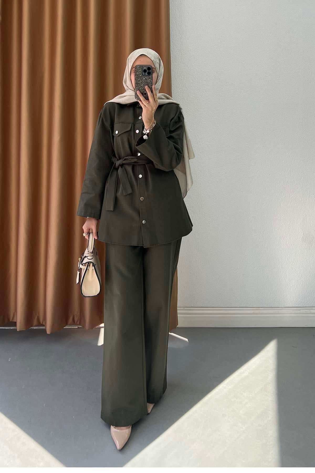Gabardin Kumaş Çıt Çıtlı Safari Takım Haki