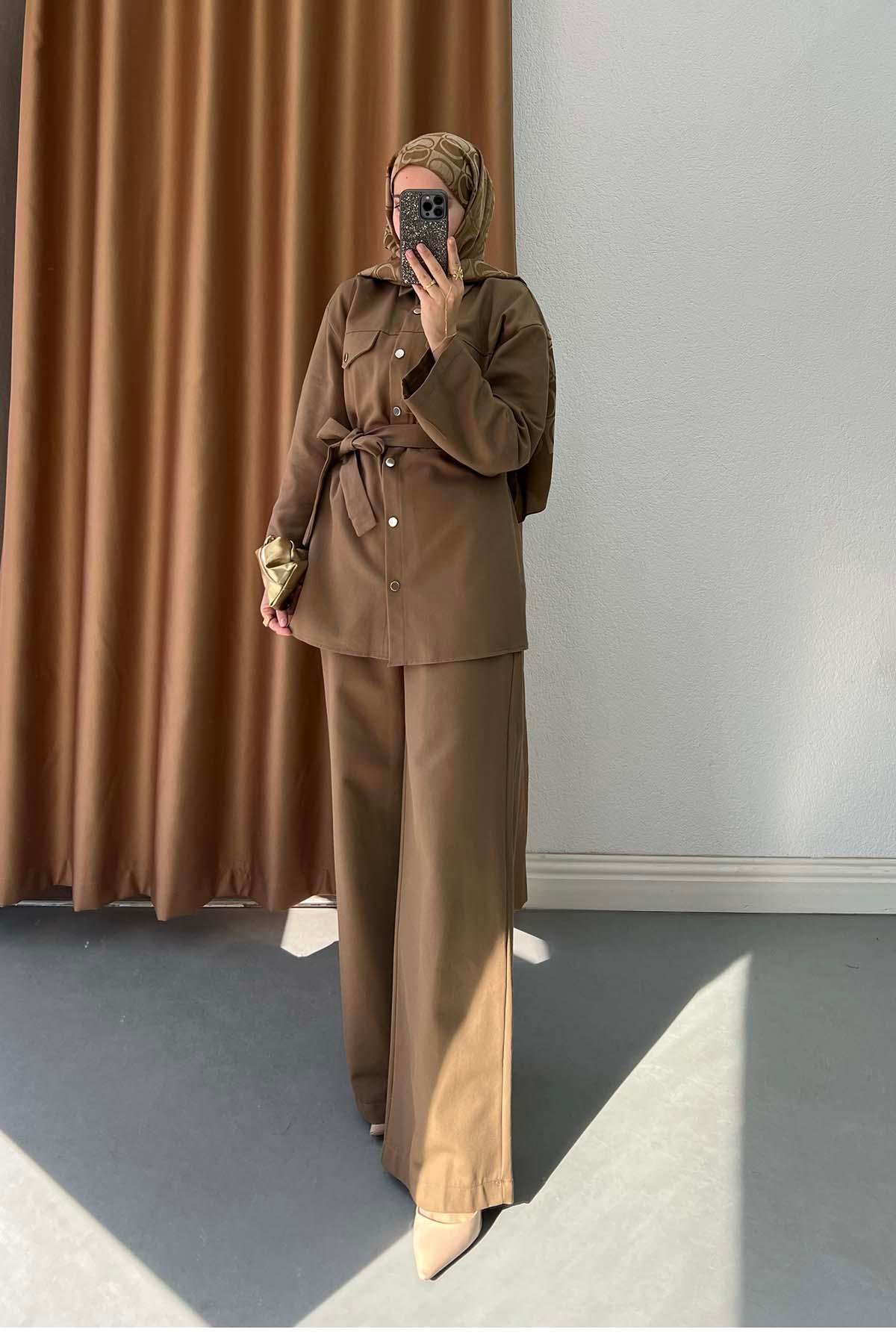 Gabardin Kumaş Çıt Çıtlı Safari Takım Taba