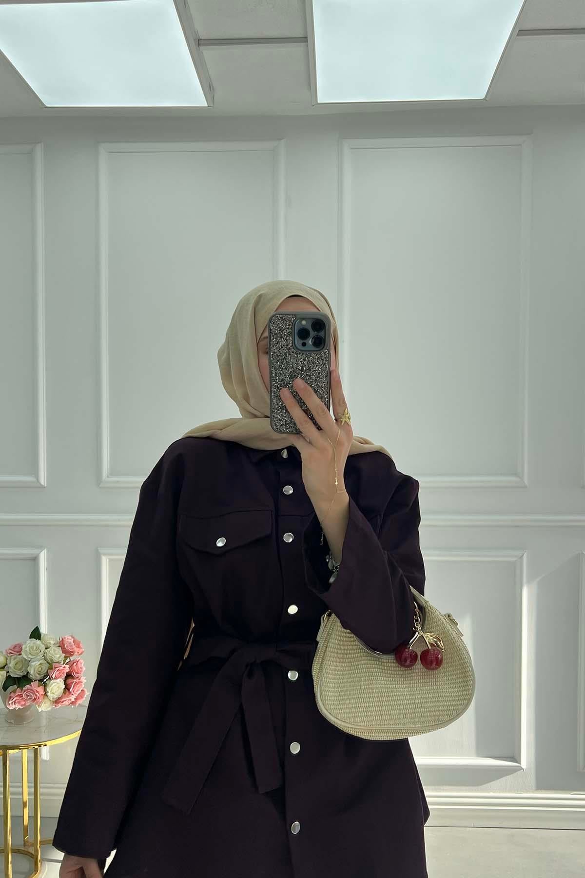 Gabardin Kumaş Çıt Çıtlı Safari Takım Mürdüm
