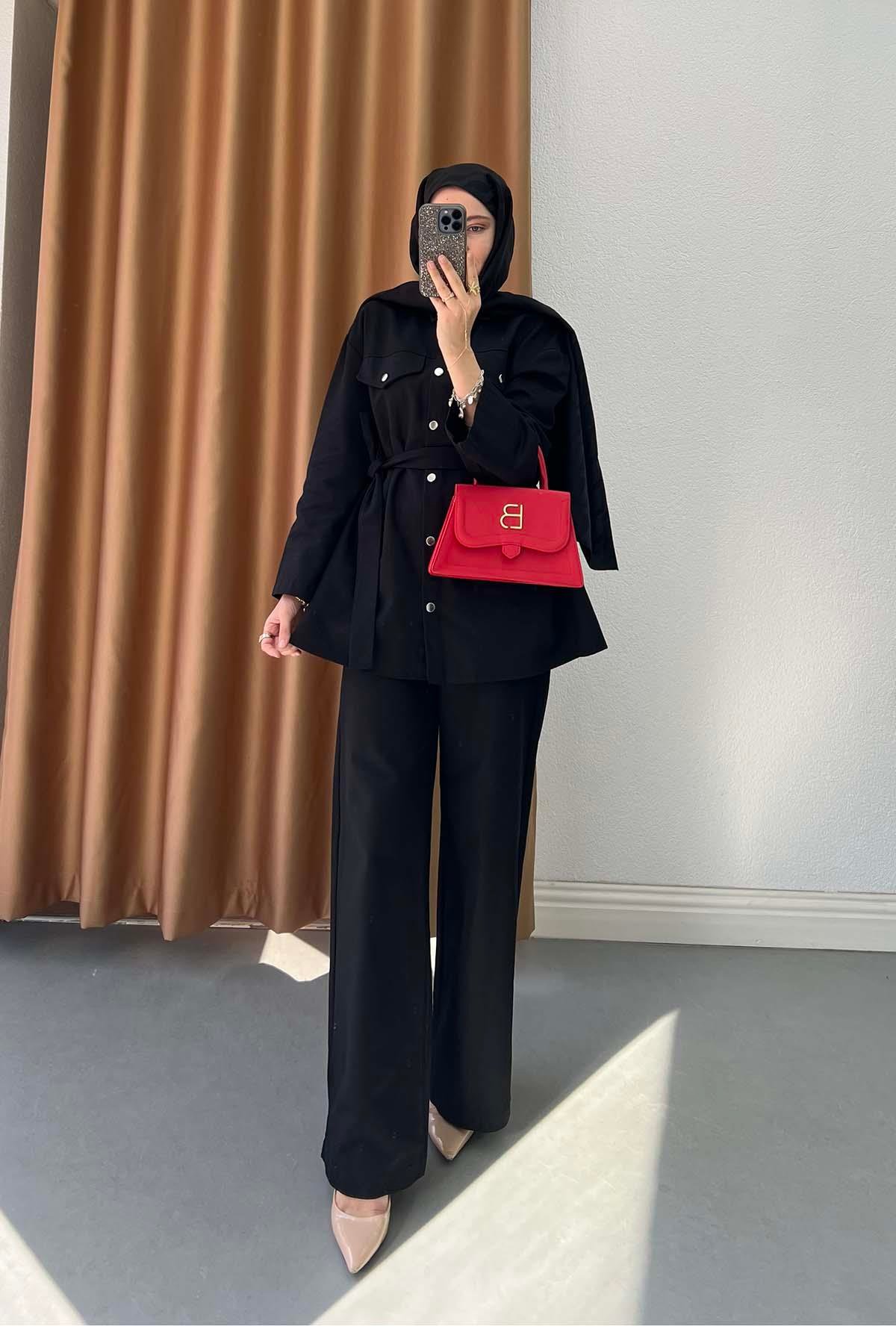Gabardin Kumaş Çıt Çıtlı Safari Takım Siyah