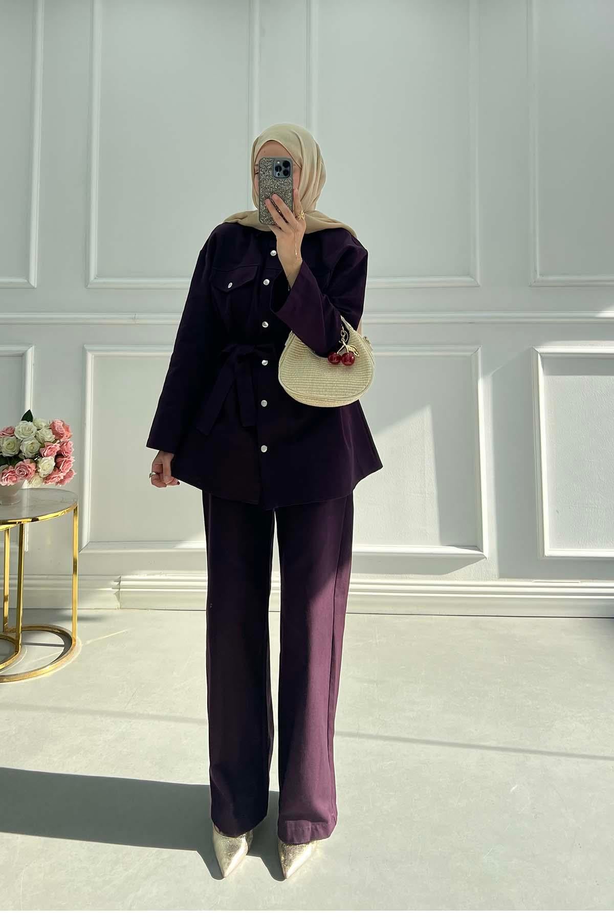 Gabardin Kumaş Çıt Çıtlı Safari Takım Mürdüm