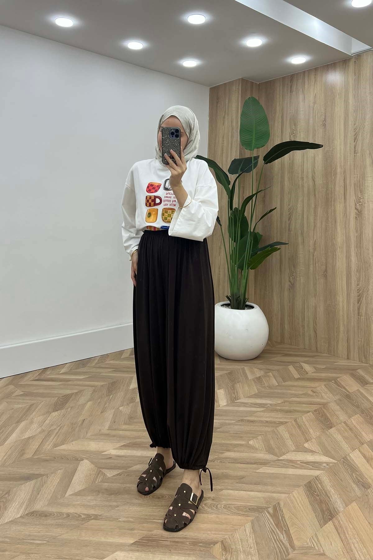 Geleneksel Silüet Akışkan Şalvar Pantalon Koyu Kahve