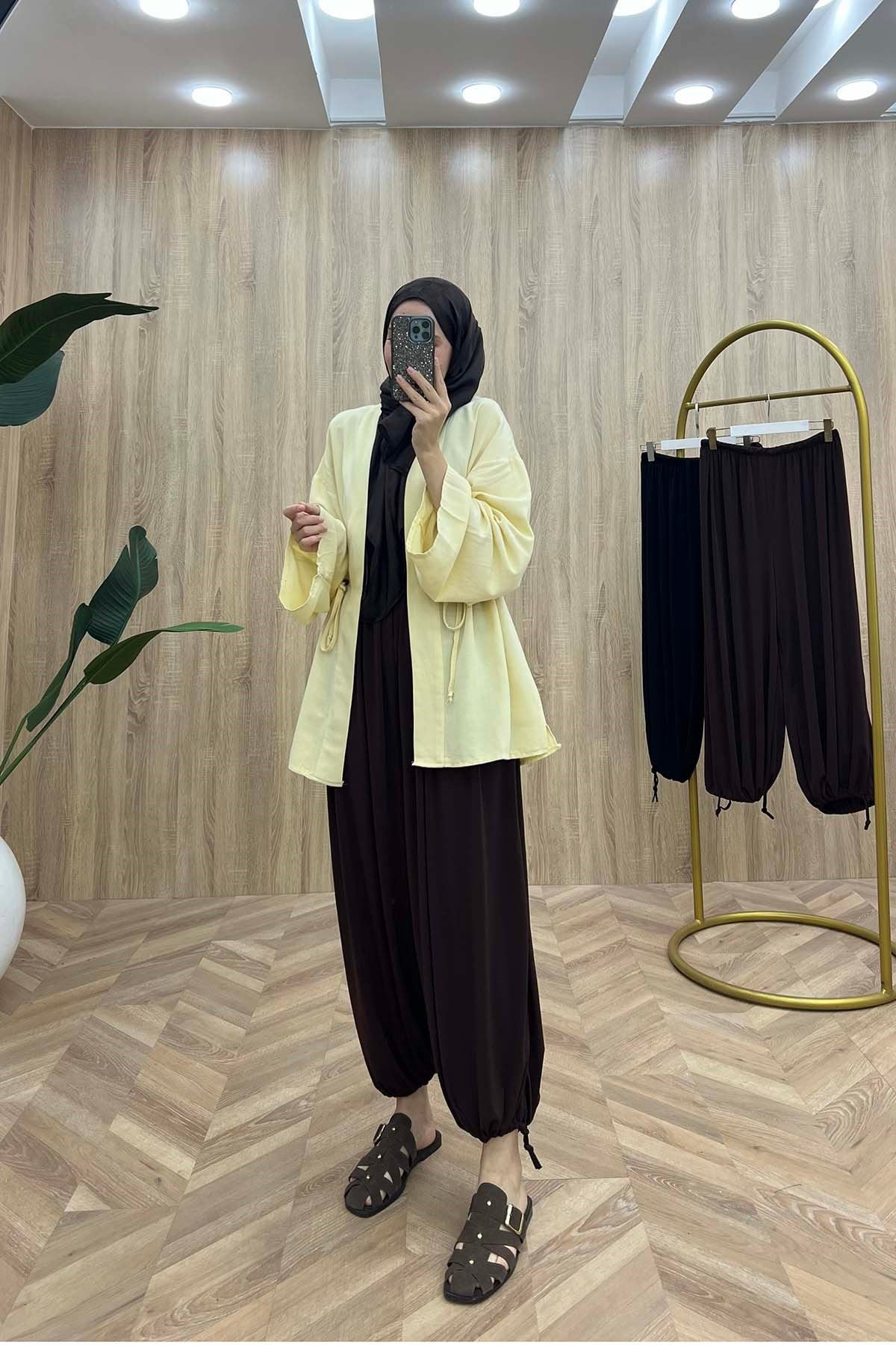 Geleneksel Silüet Akışkan Şalvar Pantalon Kahve