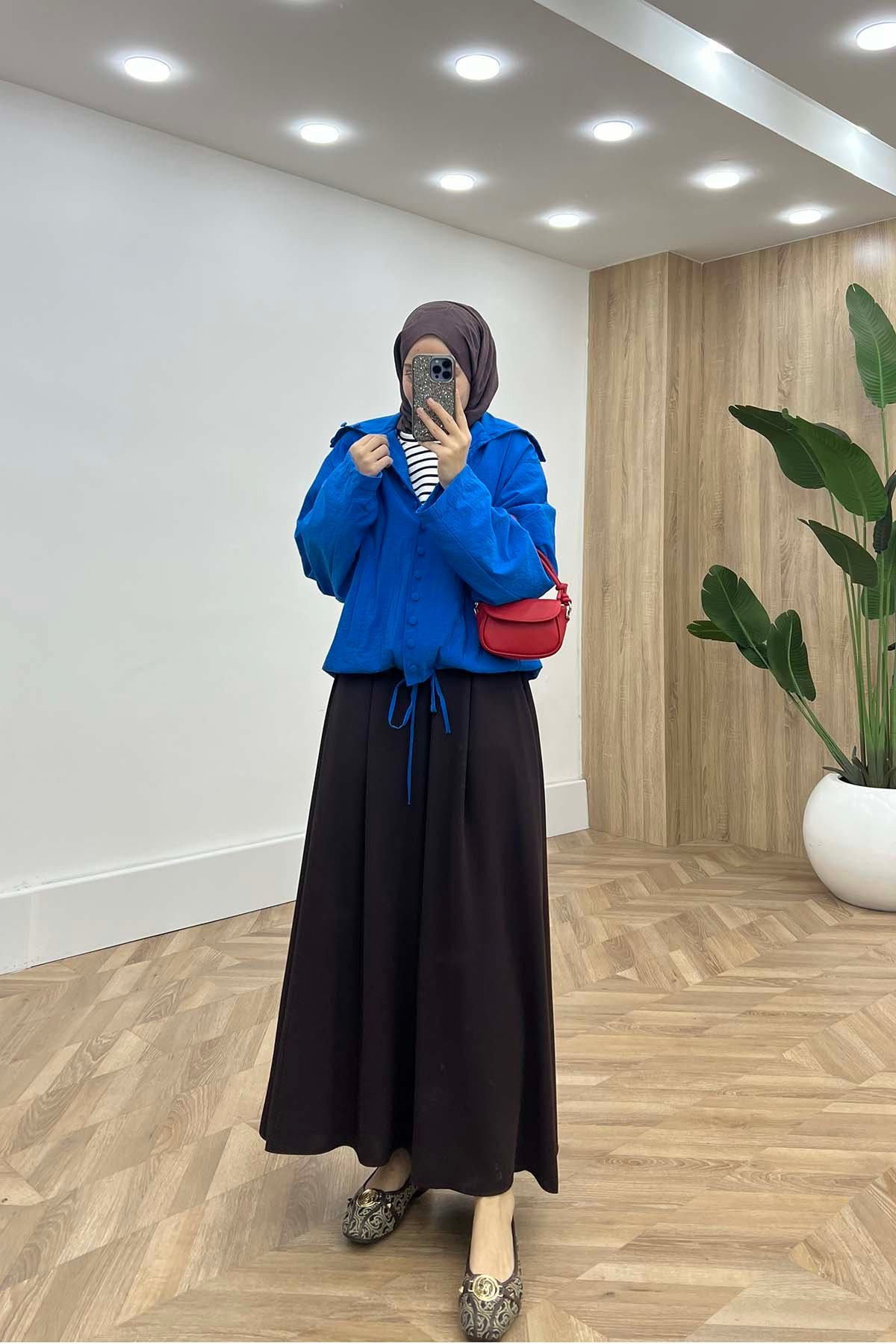 Geniş Yaka Bel Büzgülü Ceket Saks Mavi