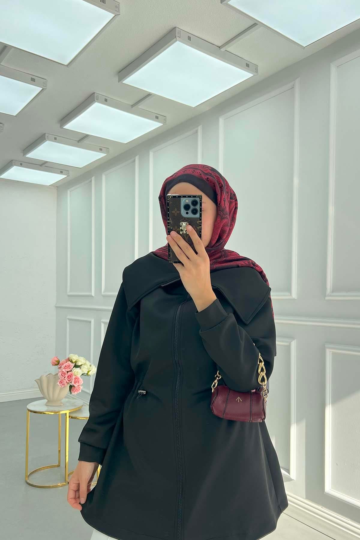 Geniş Yaka Bel Büzgülü Fermuarlı Scuba Sweatshirt Siyah