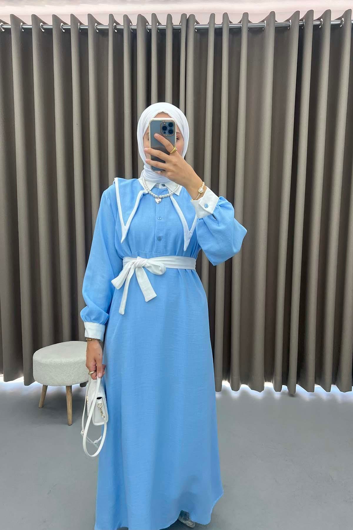 Geniş Yaka Elbise Mavi