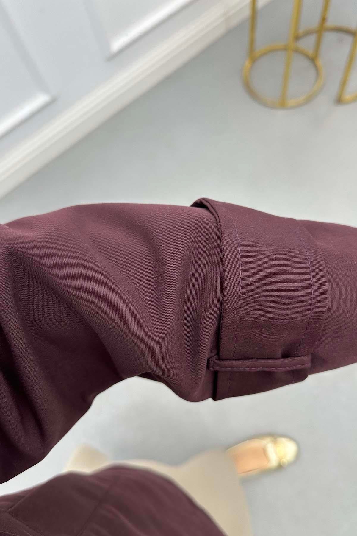 Geniş Yaka Kısa Trençkot Bordo