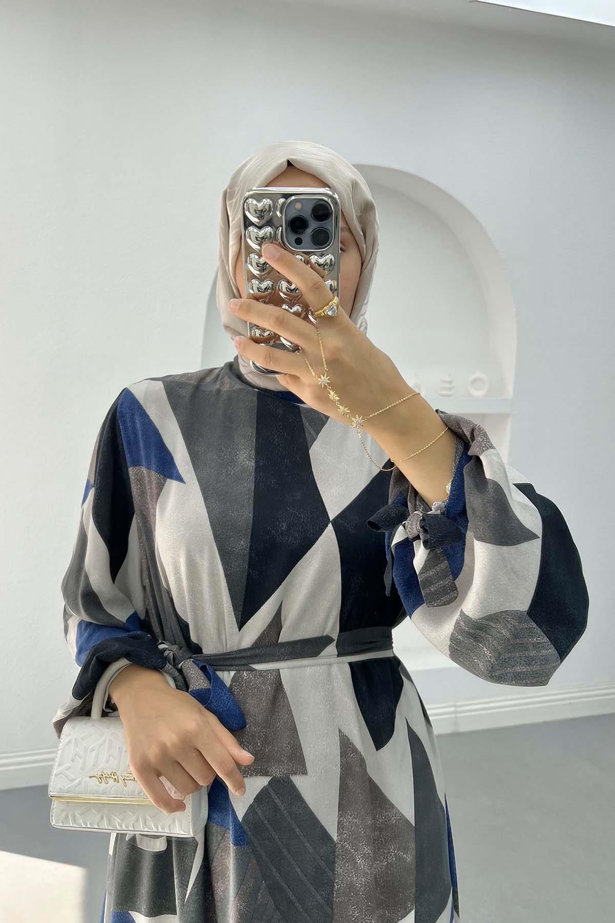 Geometrik Desen Elbise Gri