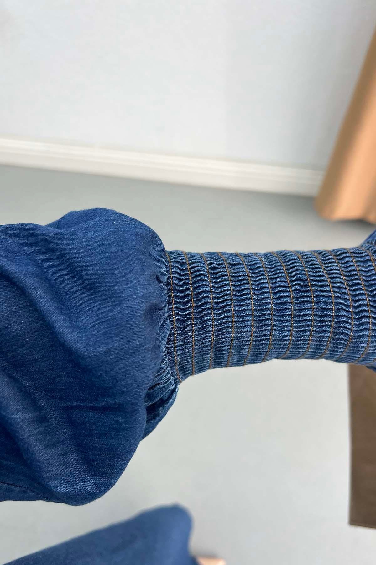 Gipe Kollu Hakim Yaka Denim Takım Mavi