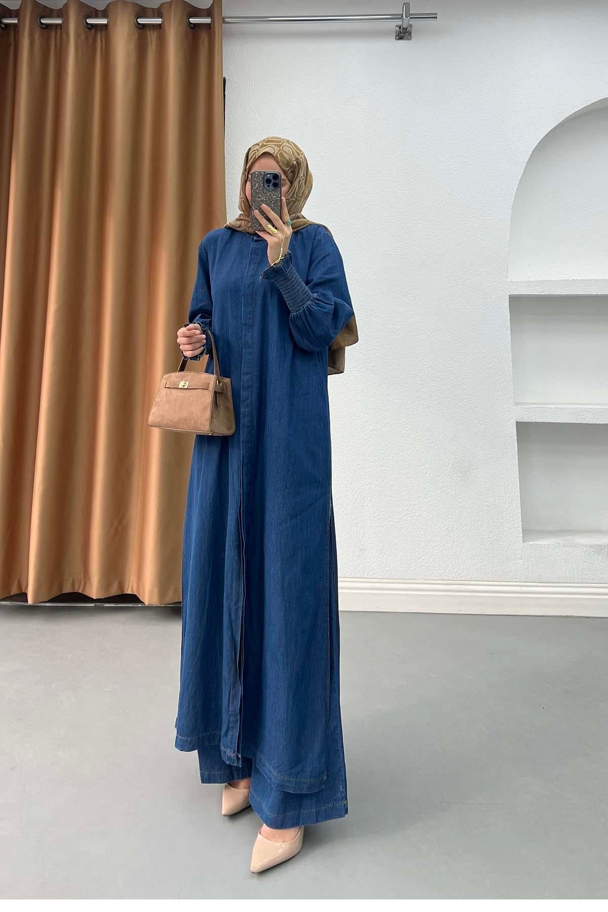 Gipe Kollu Hakim Yaka Denim Takım Mavi