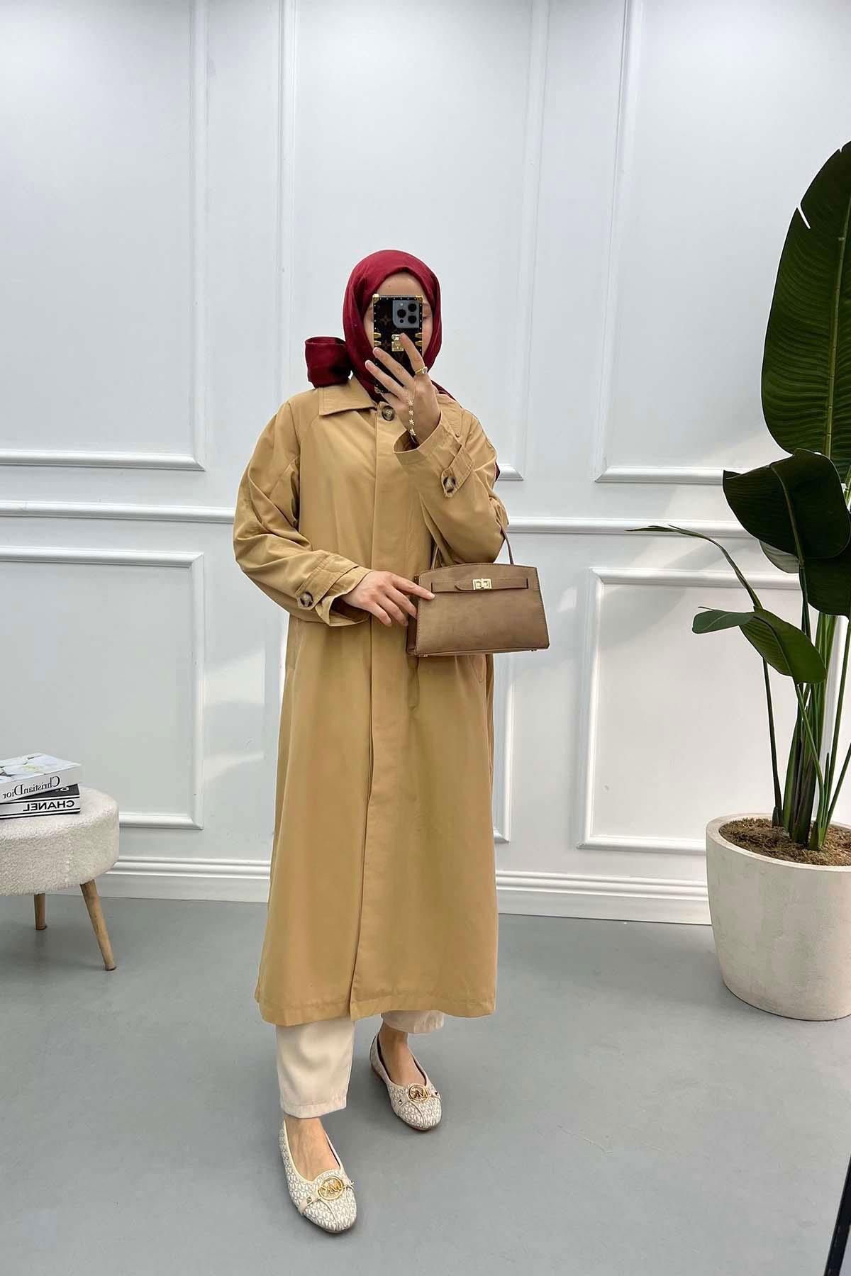 Gizli Düğme Kol Detaylı Trençkot Camel