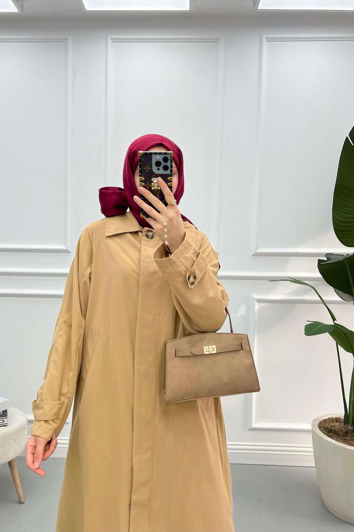 Gizli Düğme Kol Detaylı Trençkot Camel