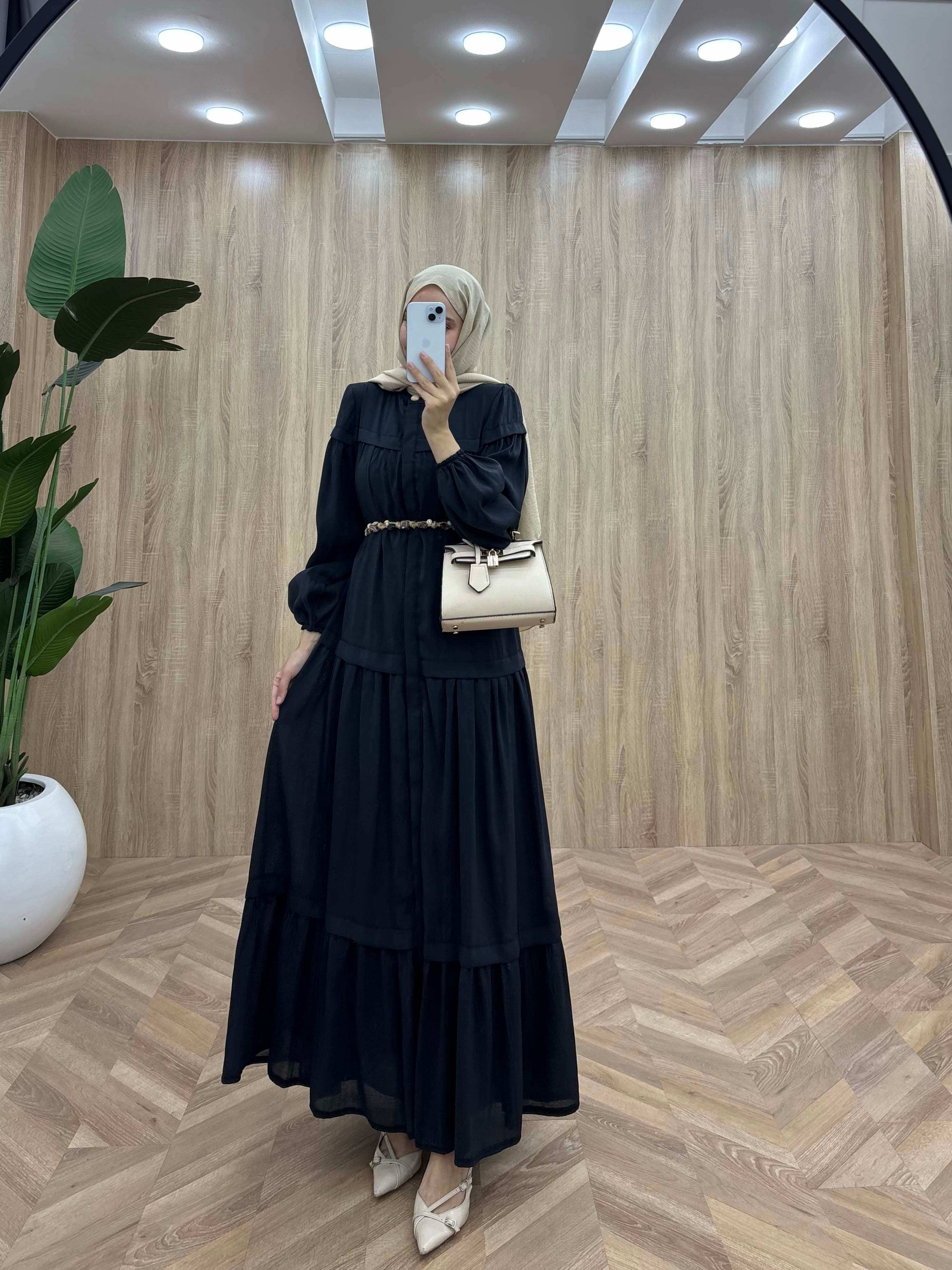 Gizli Patl Seyyar Kuşaklı Victoria Kesim Elbise Siyah