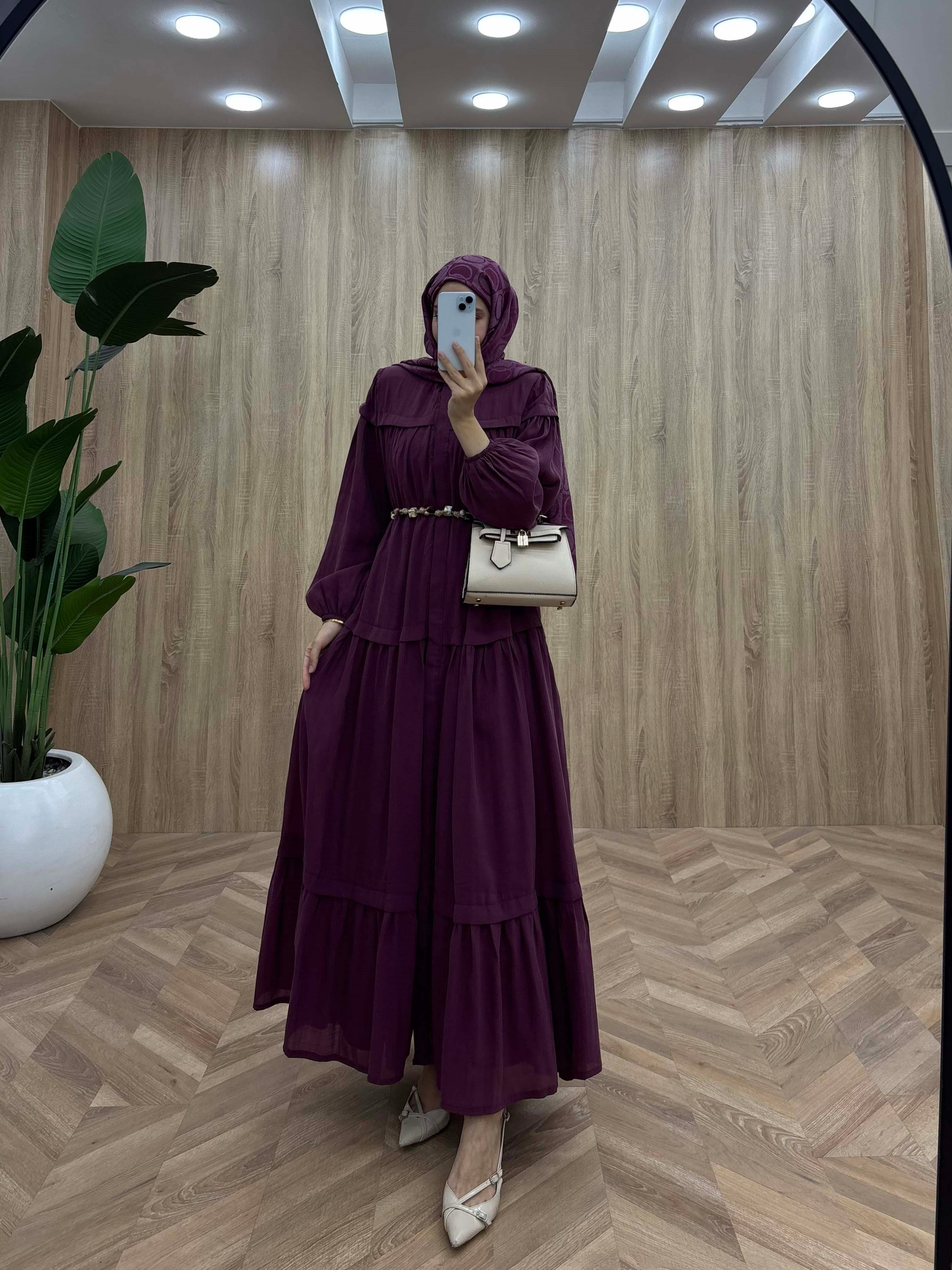 Gizli Patl Seyyar Kuşaklı Victoria Kesim Elbise Bordo