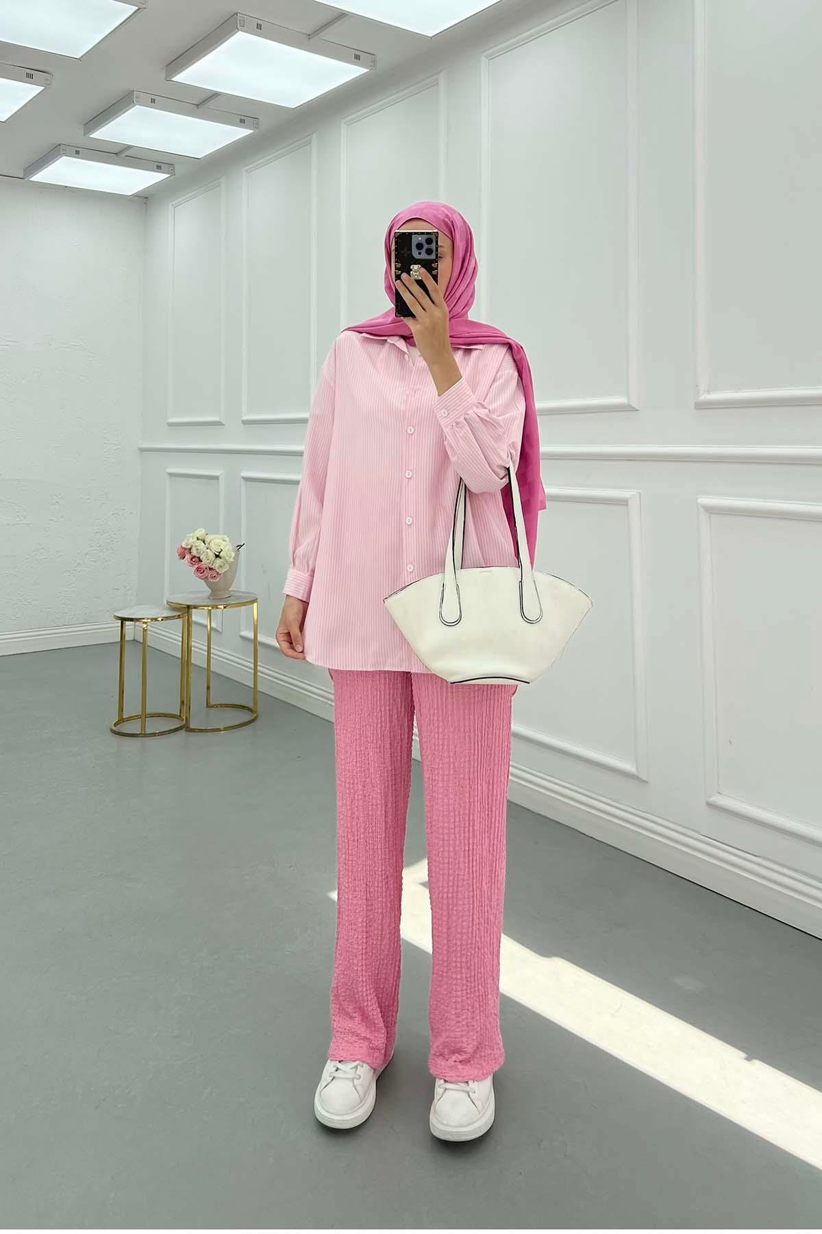 Gofre Desen Beli Lastikli Pantolon Pembe