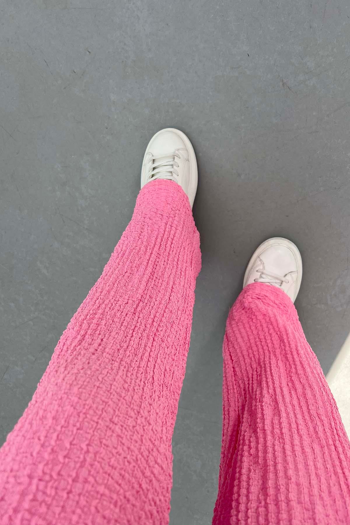 Gofre Desen Beli Lastikli Pantolon Pembe