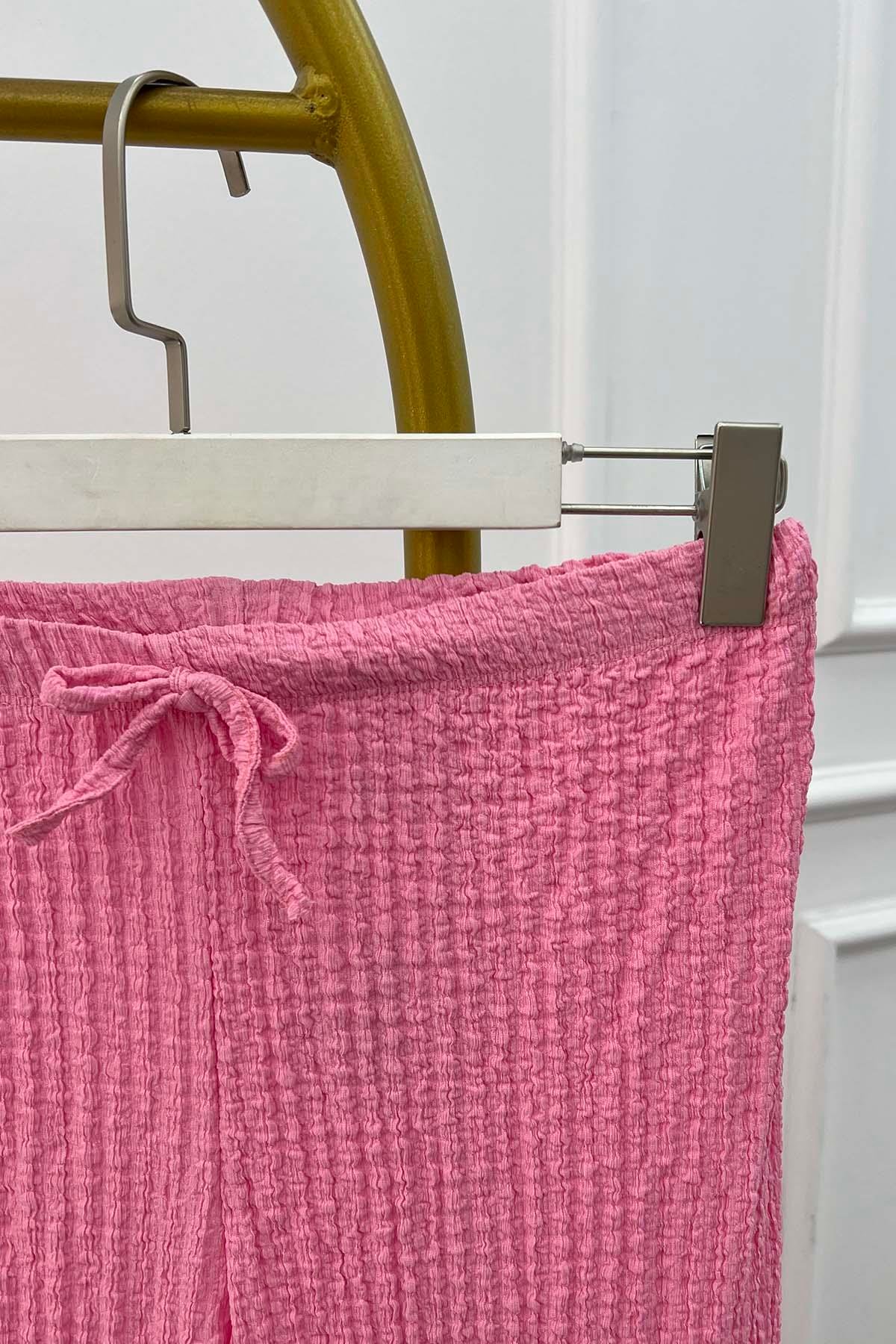 Gofre Desen Beli Lastikli Pantolon Pembe