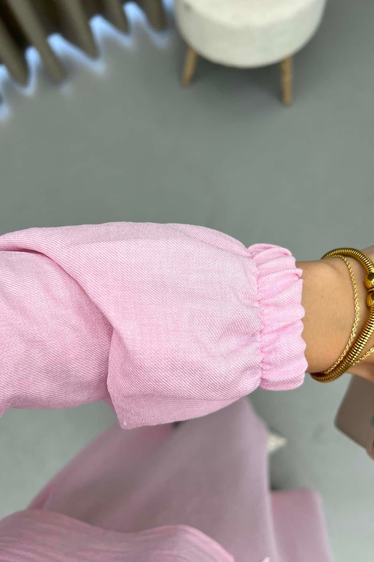 Gold Düğmeli Etek Takım Pembe