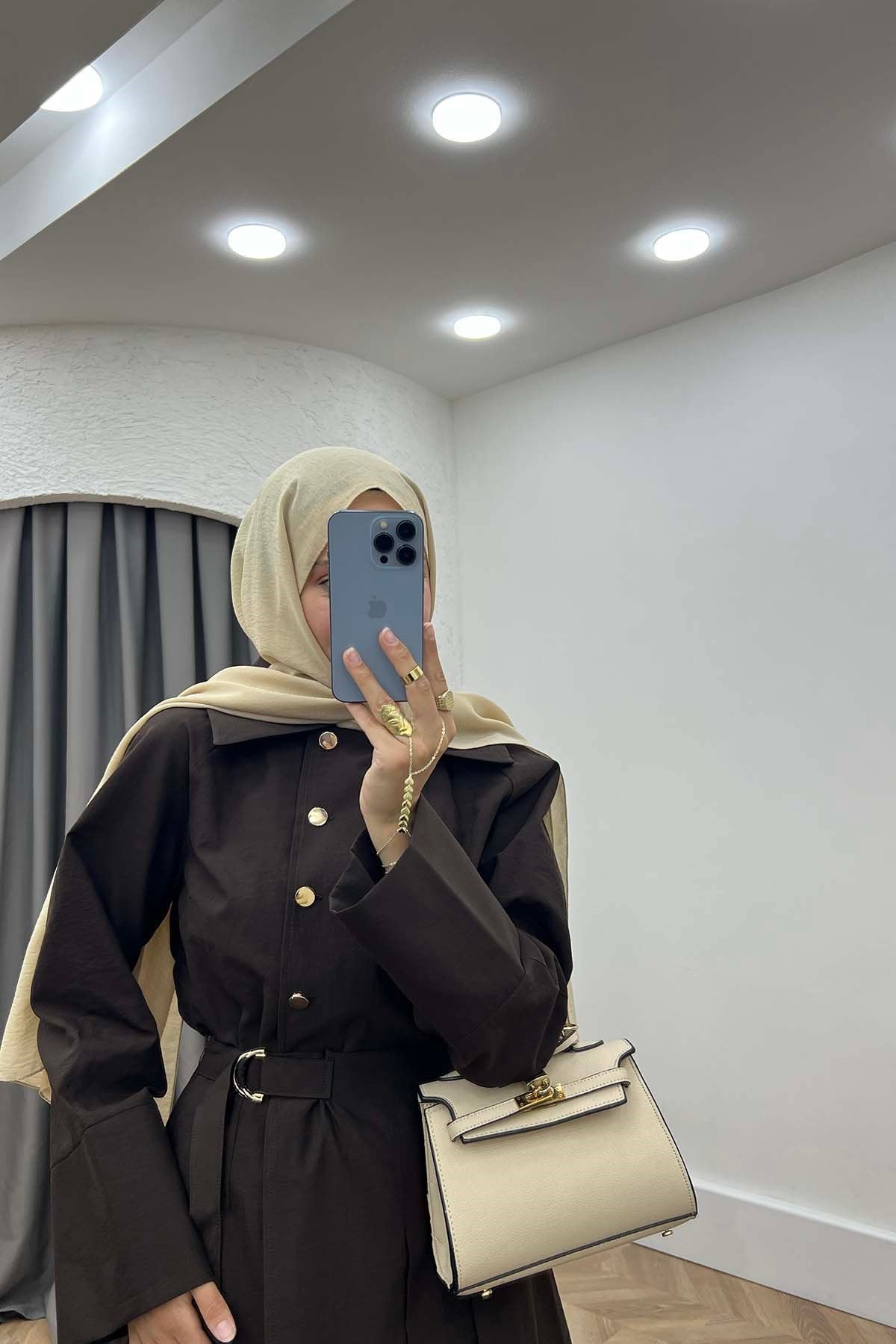Gold Düğmeli Retro Yaka Etekli takım Acı Kahve