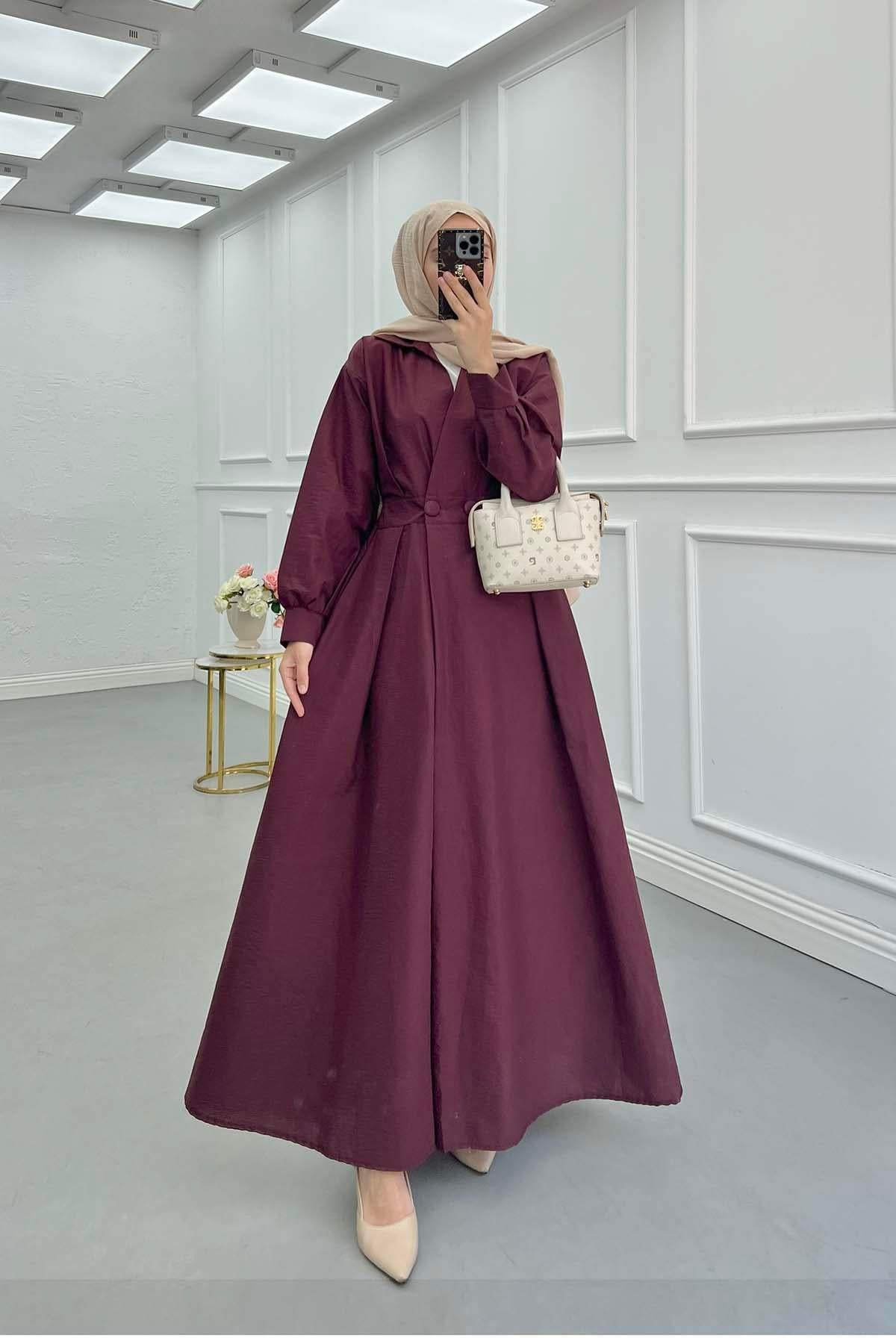 Gömlek Yaka Bel Düğme Detaylı Elbise Bordo