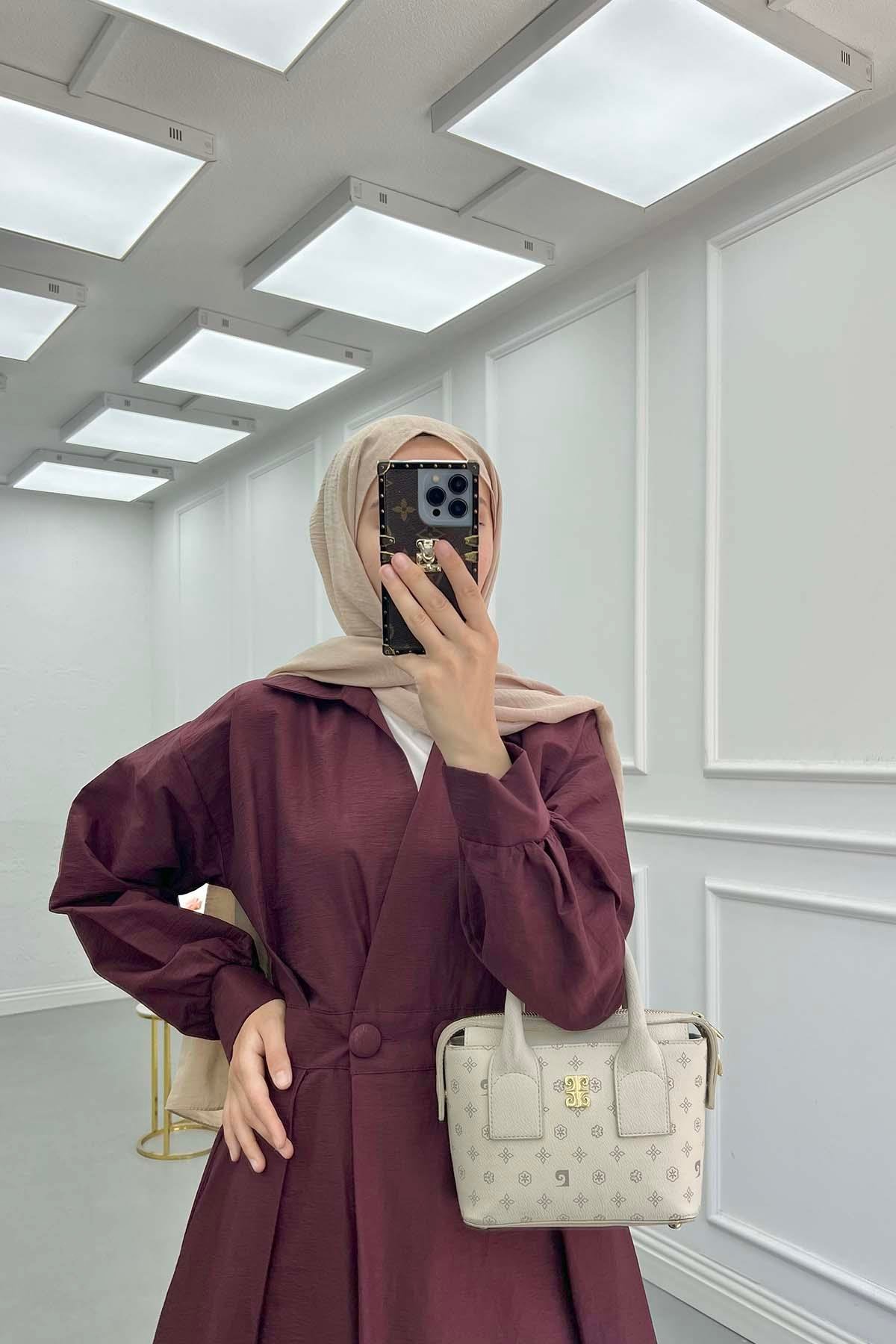 Gömlek Yaka Bel Düğme Detaylı Elbise Bordo