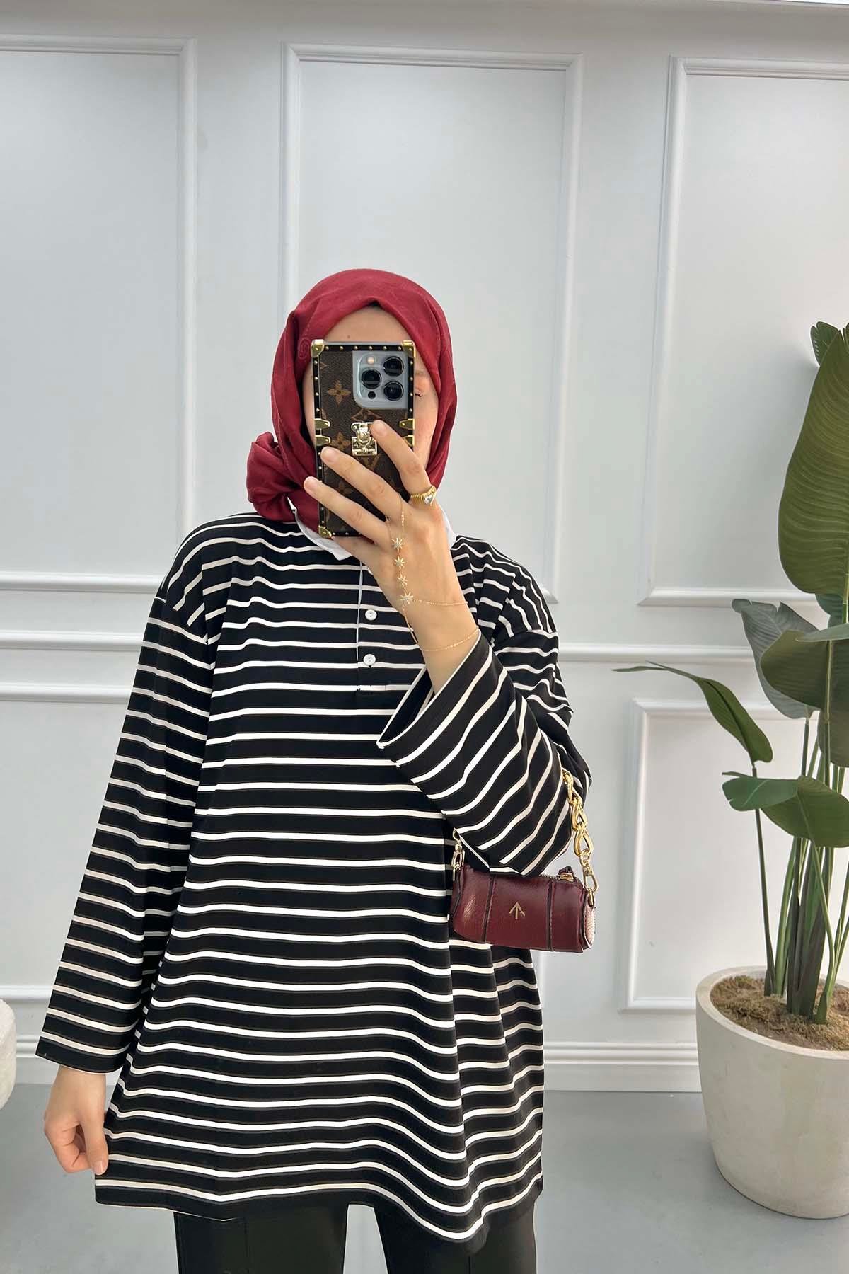 Gömlek Yaka Çizgili Sweatshirt Siyah
