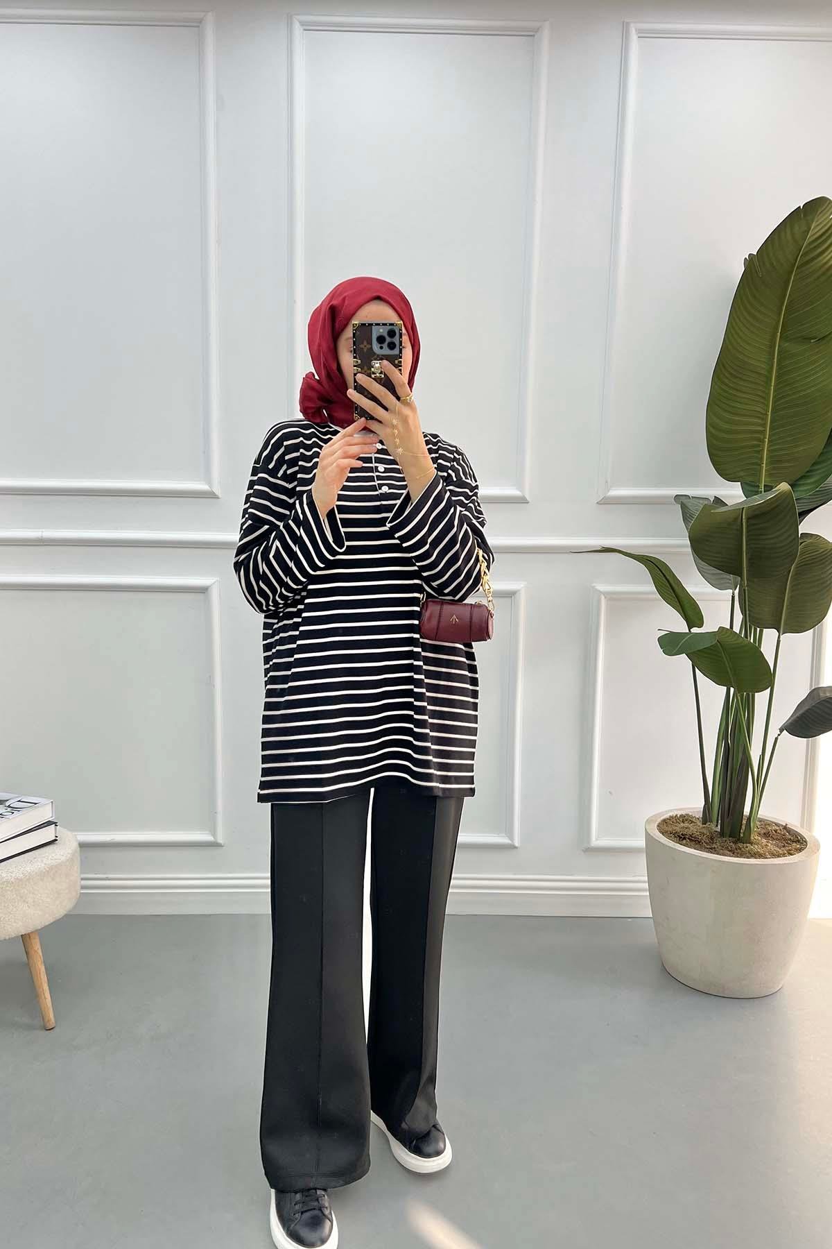 Gömlek Yaka Çizgili Sweatshirt Siyah