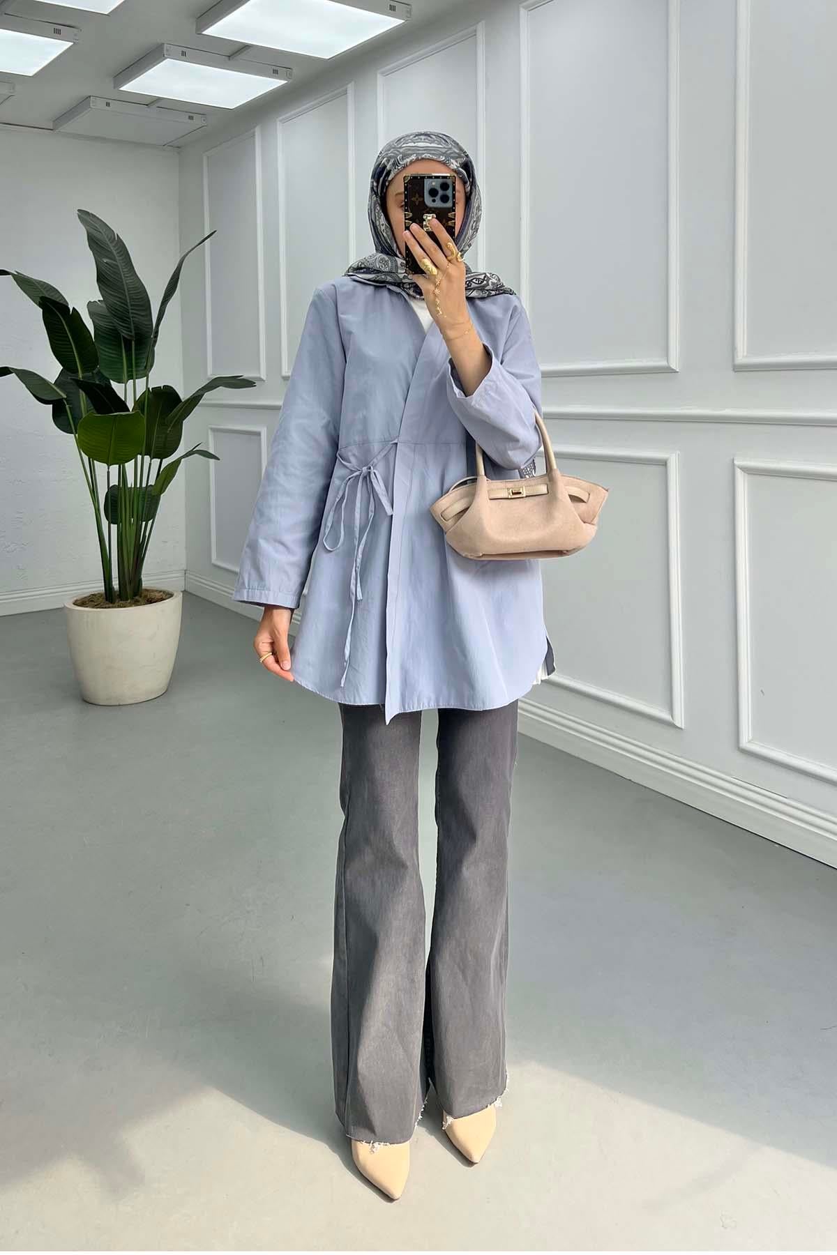 Gömlek Yaka Önden Bağlamalı Kimono Açık Gri