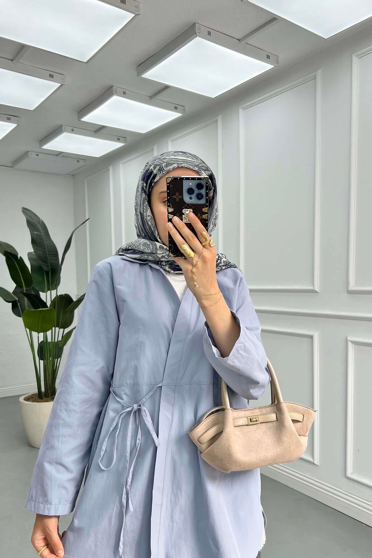 Gömlek Yaka Önden Bağlamalı Kimono Açık Gri