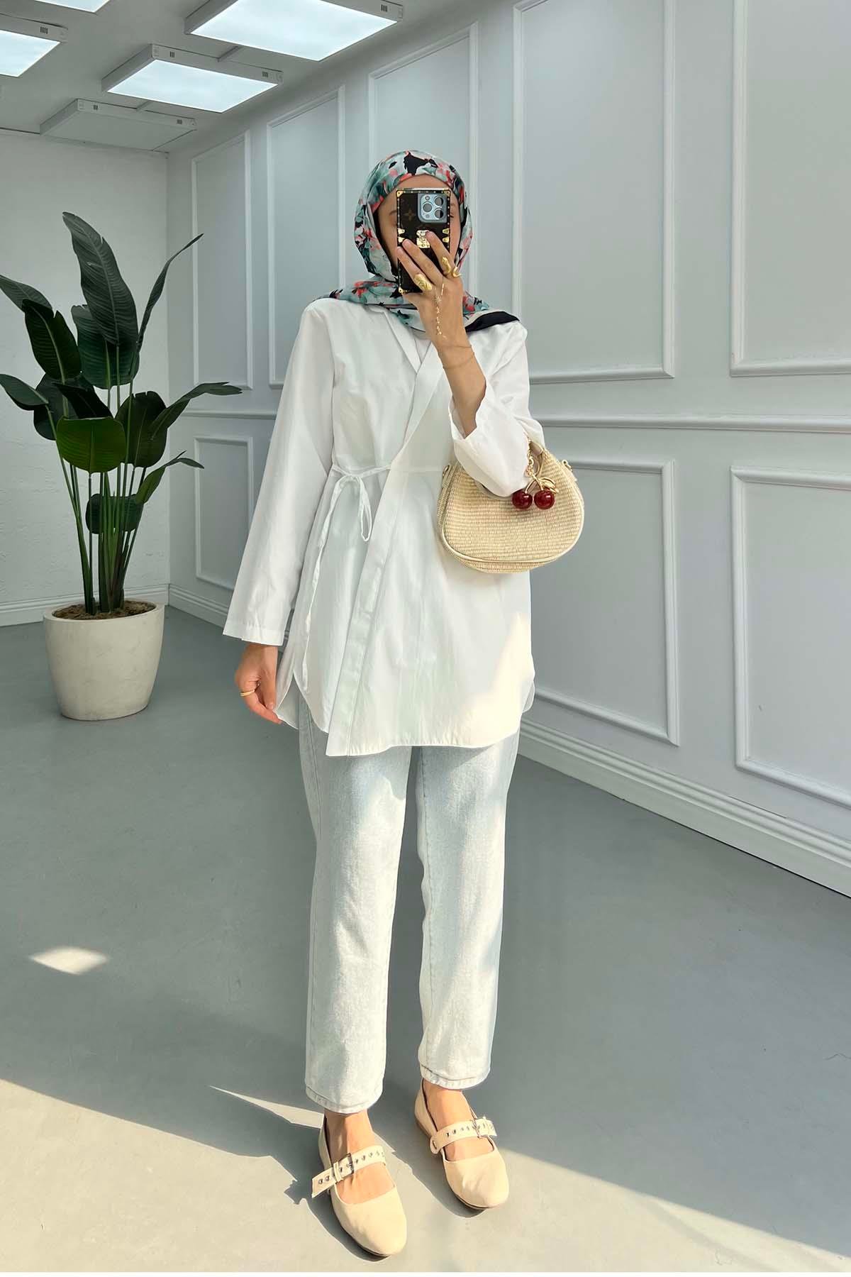 Gömlek Yaka Önden Bağlamalı Kimono Beyaz