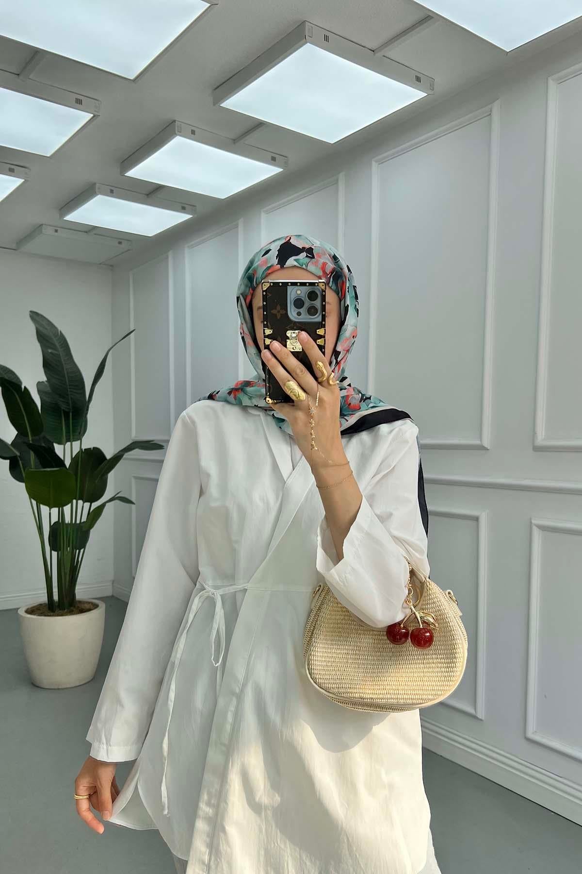 Gömlek Yaka Önden Bağlamalı Kimono Beyaz