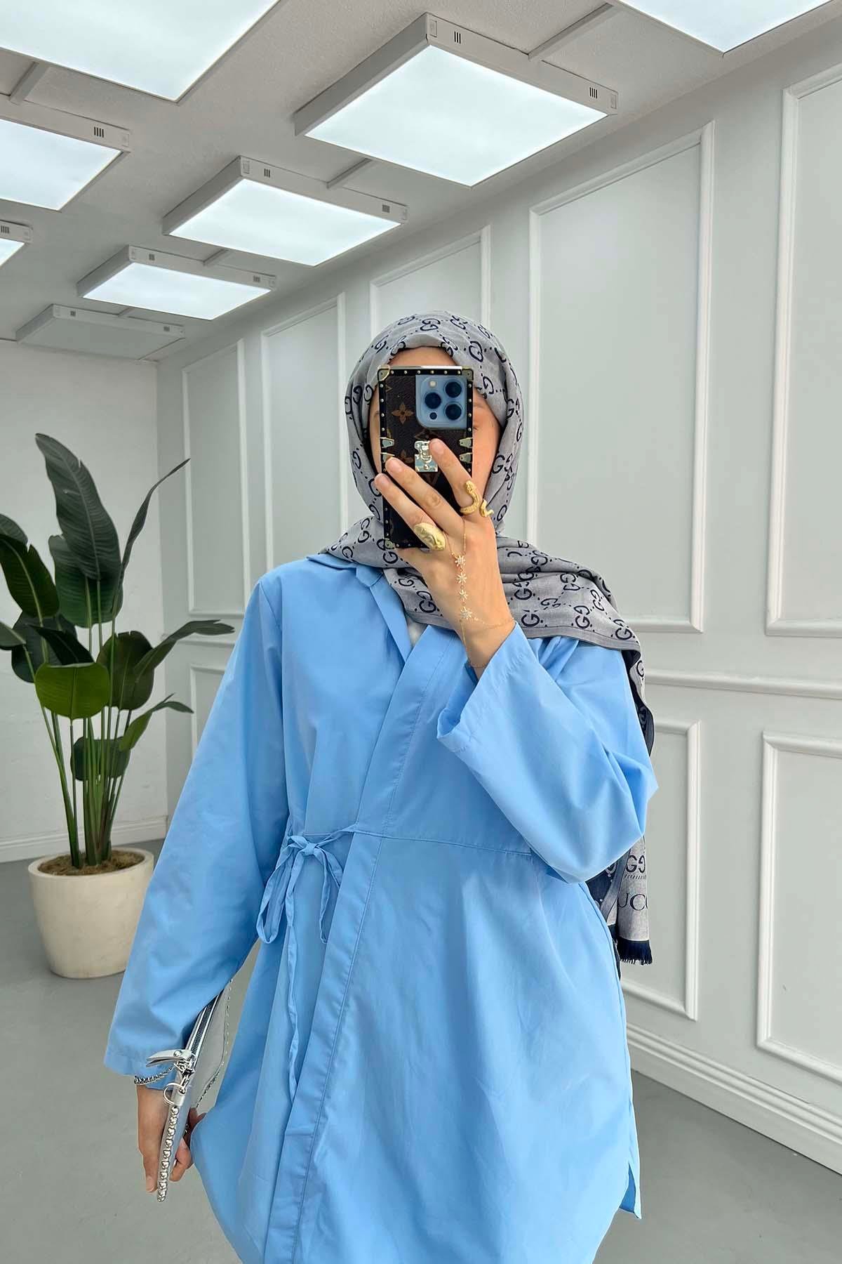 Gömlek Yaka Önden Bağlamalı Kimono Mavi