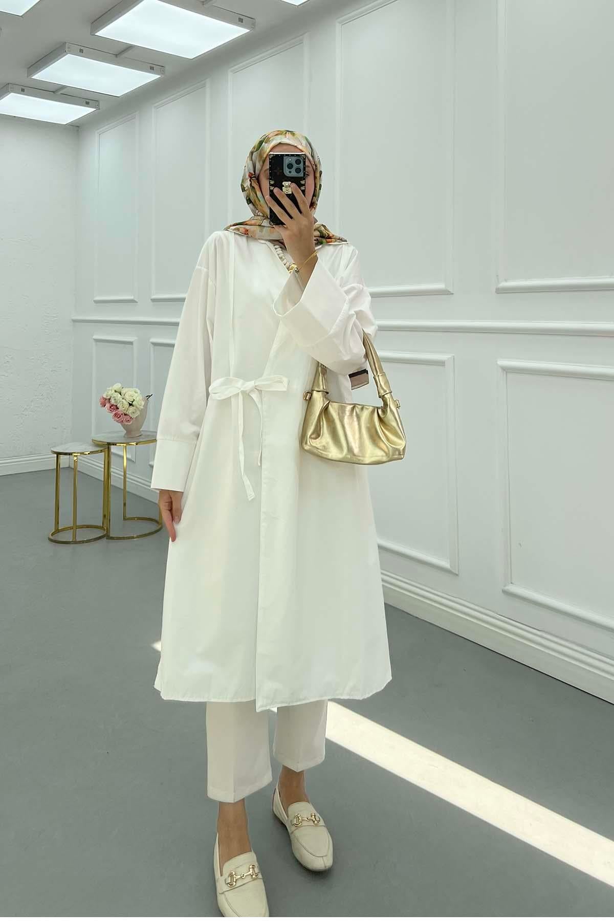 Gömlek Yaka Poplin Kimono Beyaz
