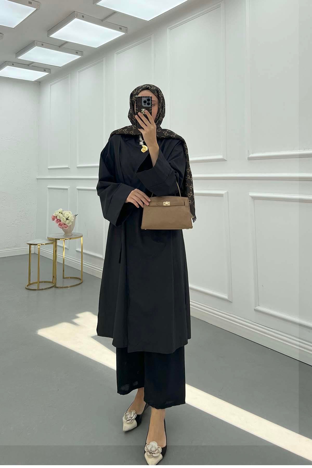 Gömlek Yaka Poplin Kimono Siyah