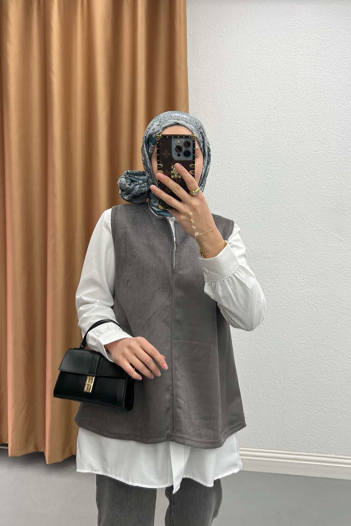 Gömlekli Süet Süveter Antrasit