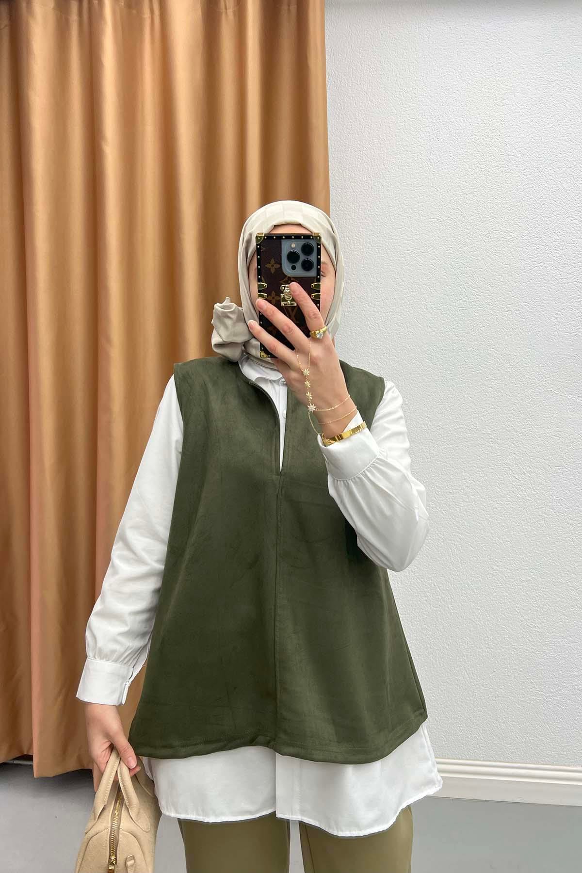 Gömlekli Süet Süveter Haki