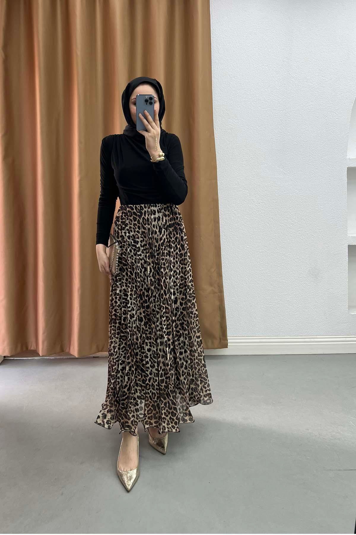 Grogren Kesim Leopar Desenli Şifon Etek Leopar