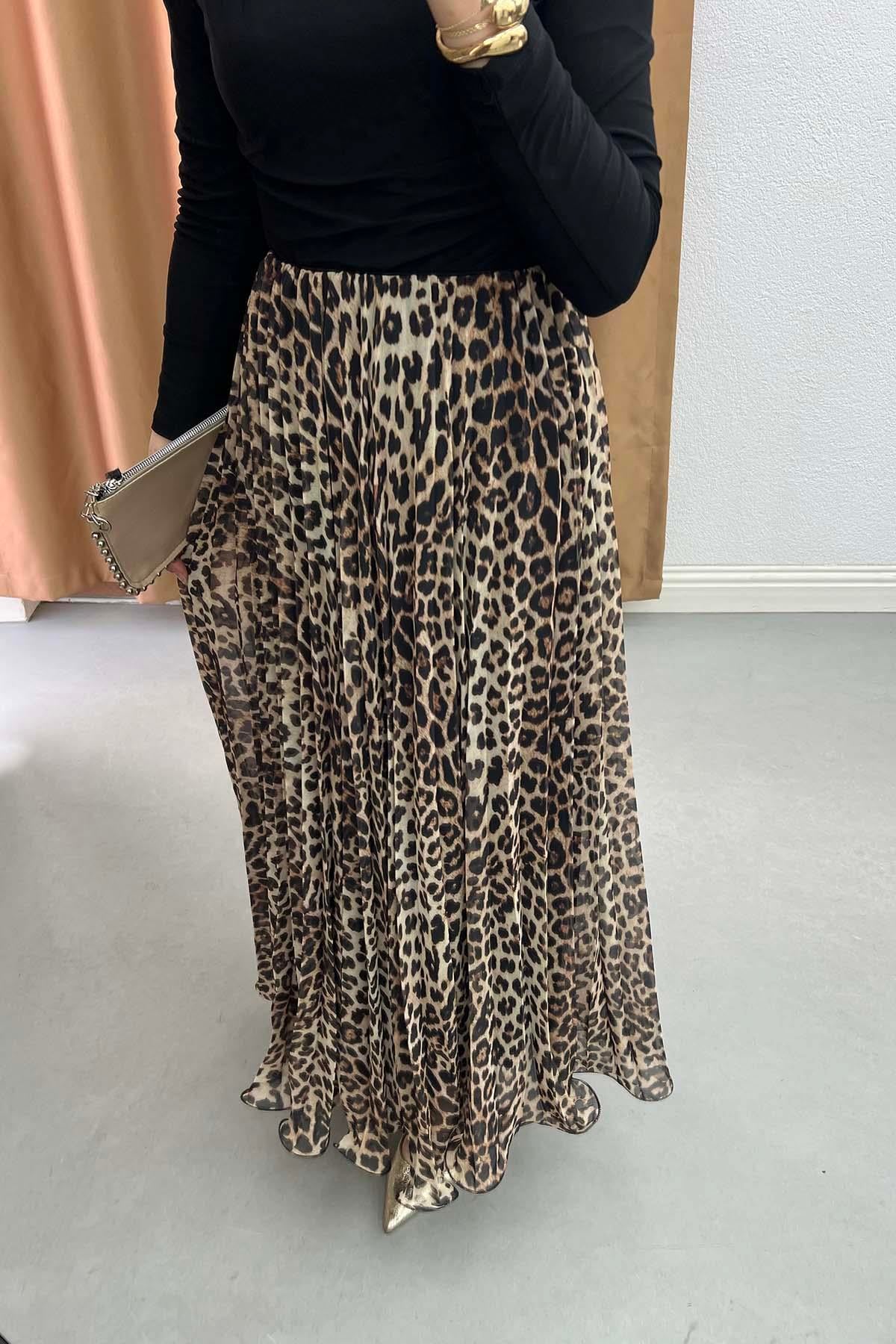 Grogren Kesim Leopar Desenli Şifon Etek Leopar