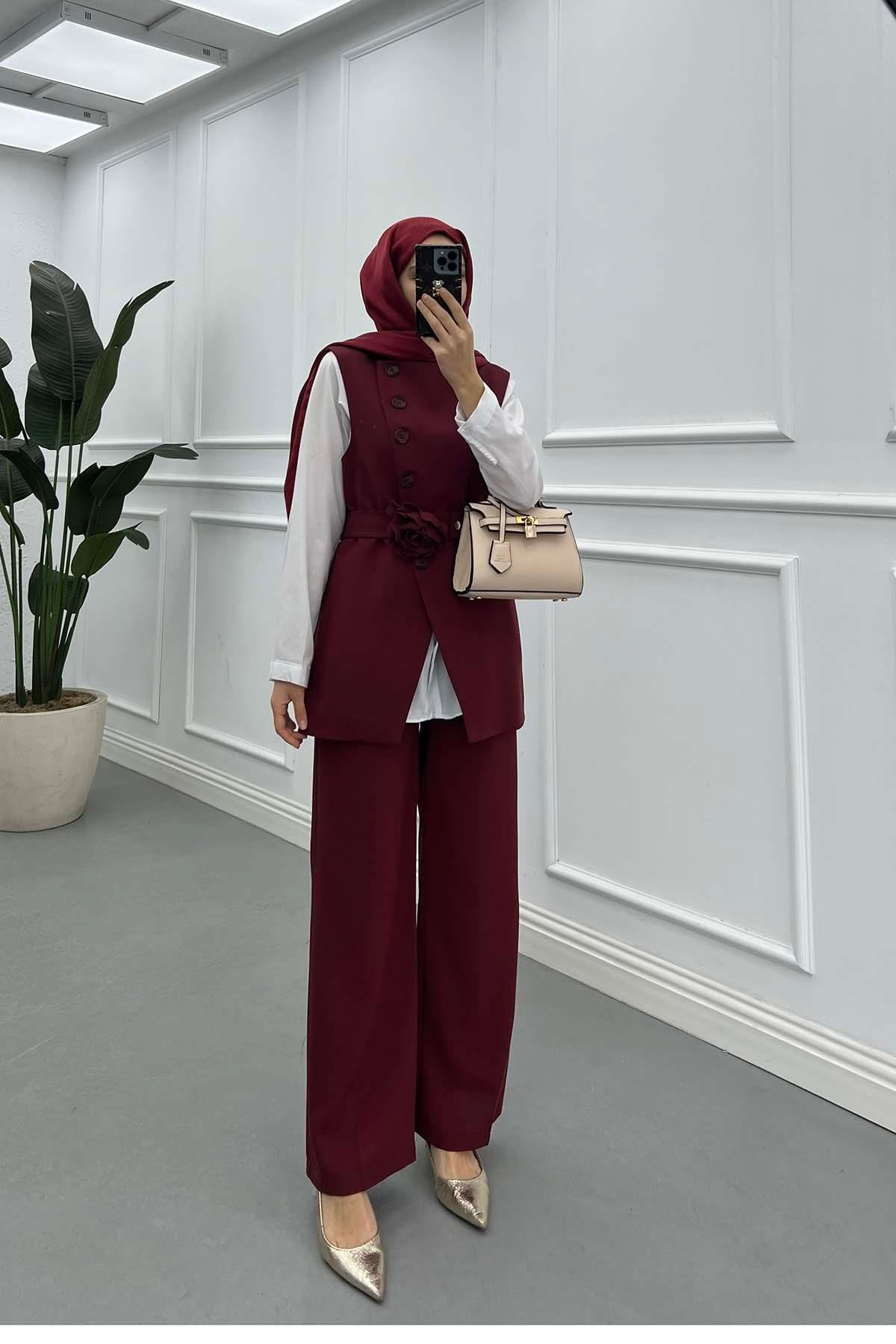 Gül Kemerli Astarlı Yelek Takım Bordo