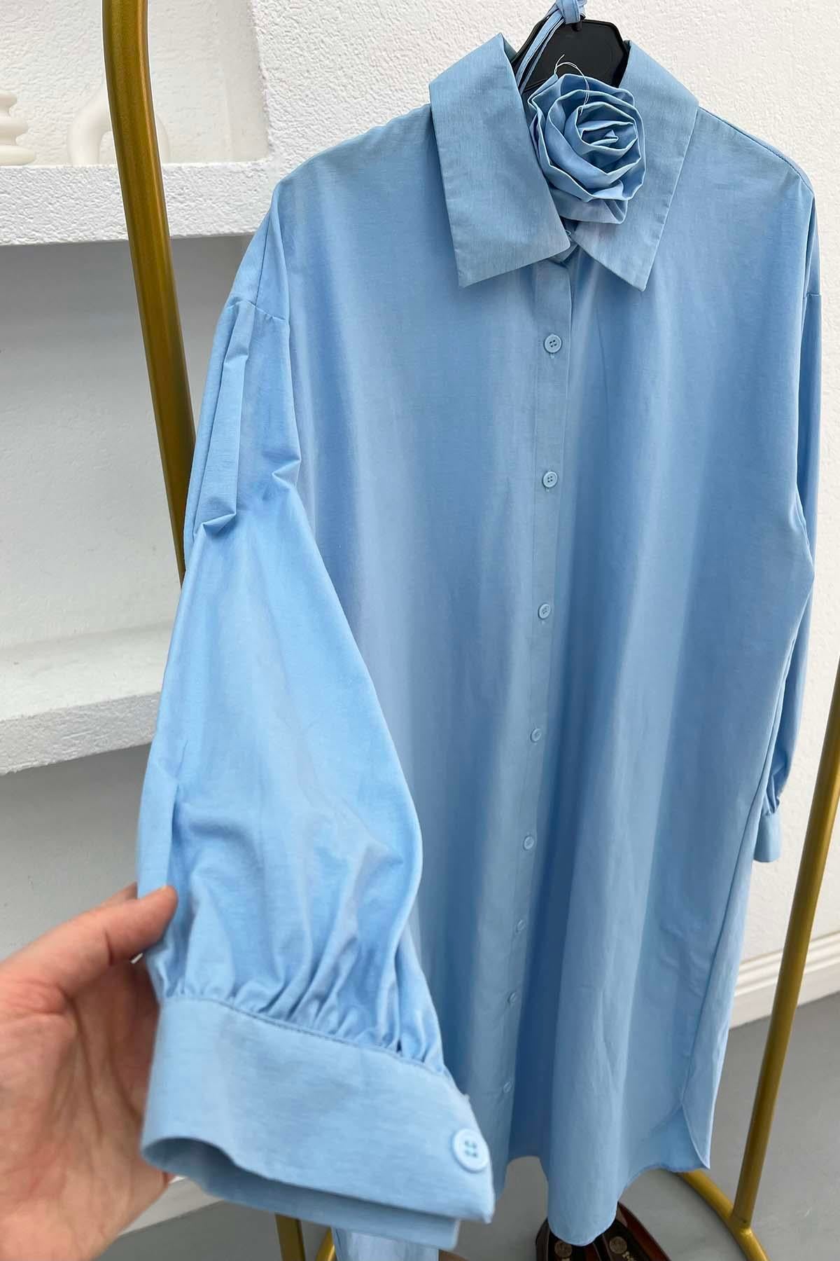 Gül Kuşaklı Poplin Tunik Bebe Mavi