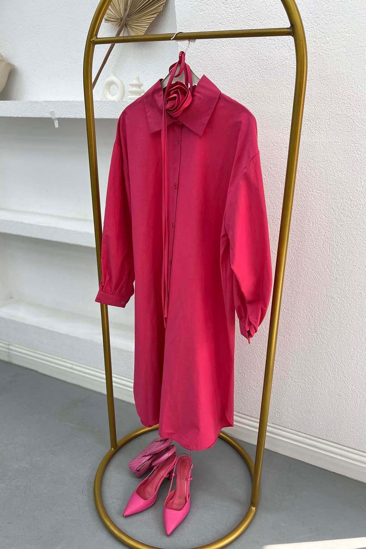 Gül Kuşaklı Poplin Tunik Fuşya