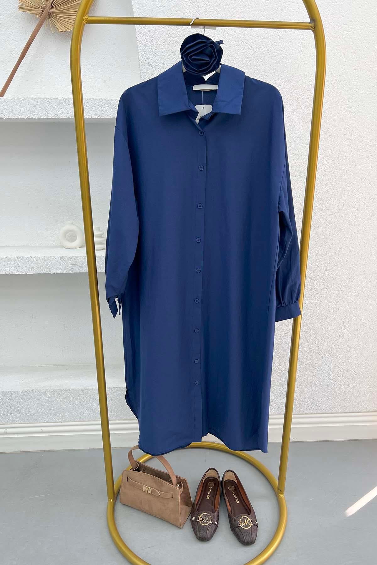 Gül Kuşaklı Poplin Tunik Lacivert