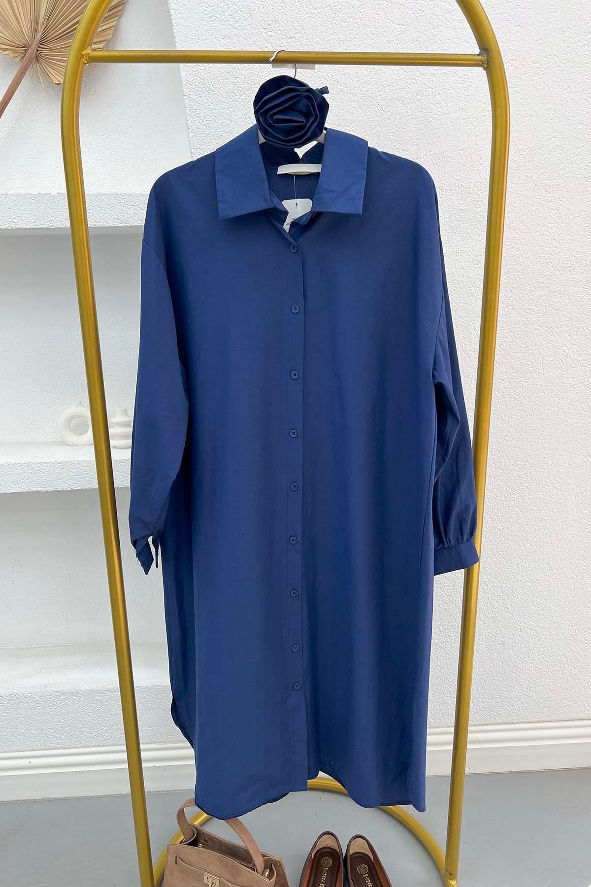 Gül Kuşaklı Poplin Tunik Lacivert