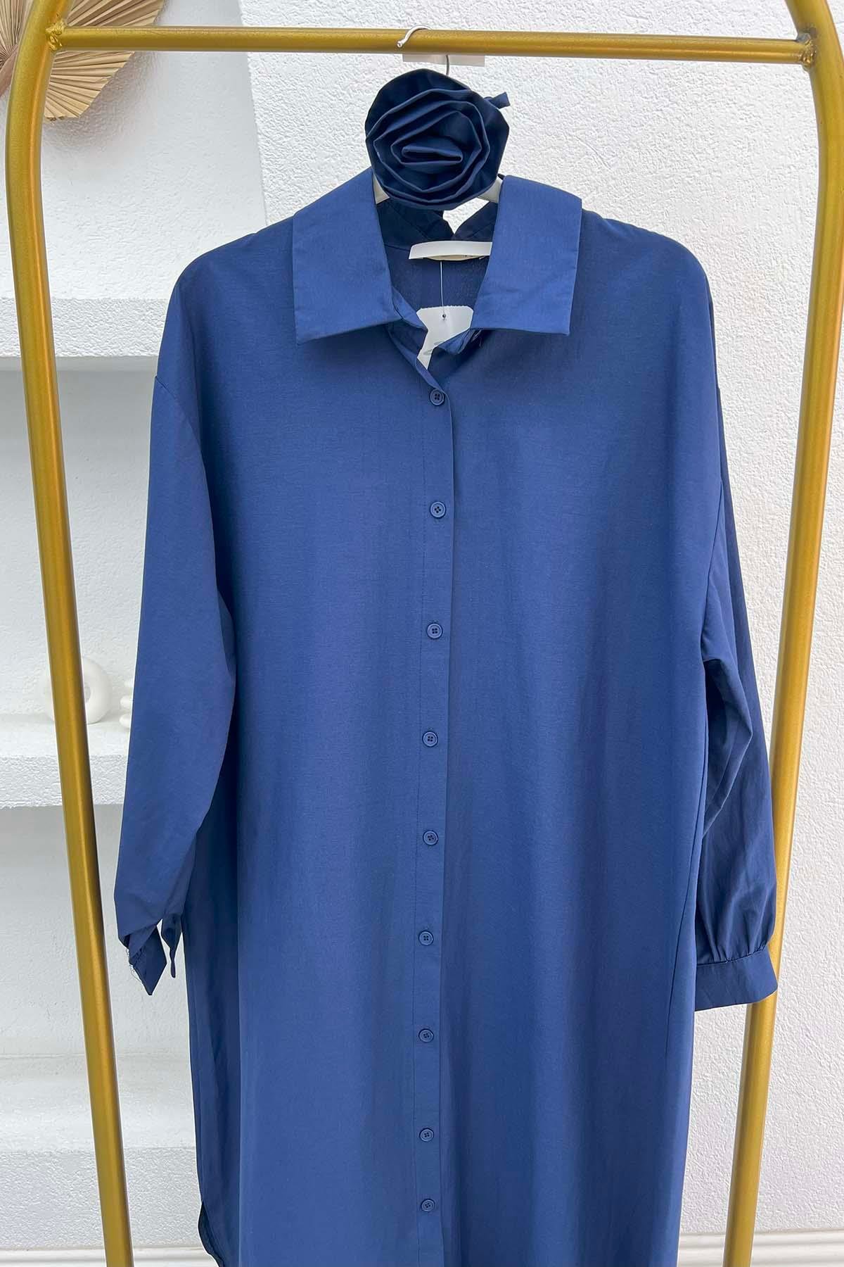 Gül Kuşaklı Poplin Tunik Lacivert