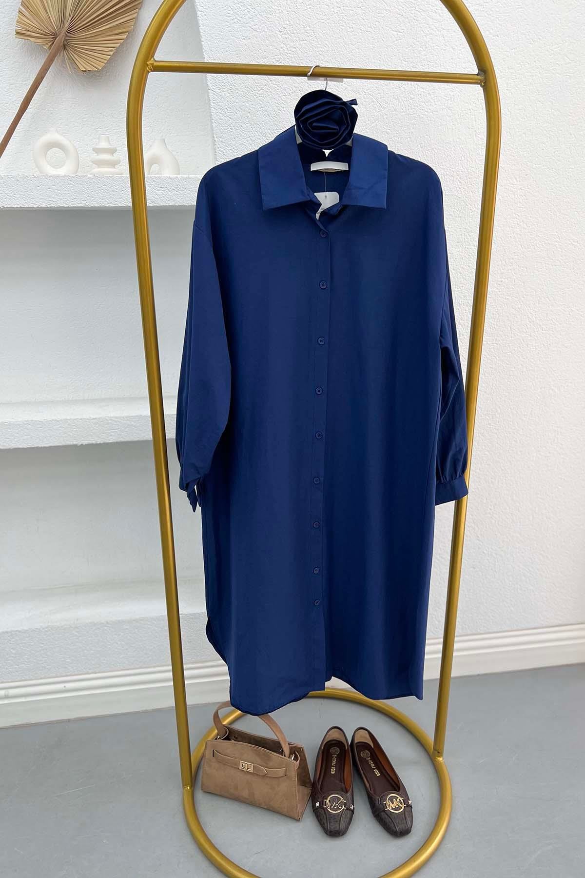 Gül Kuşaklı Poplin Tunik Lacivert