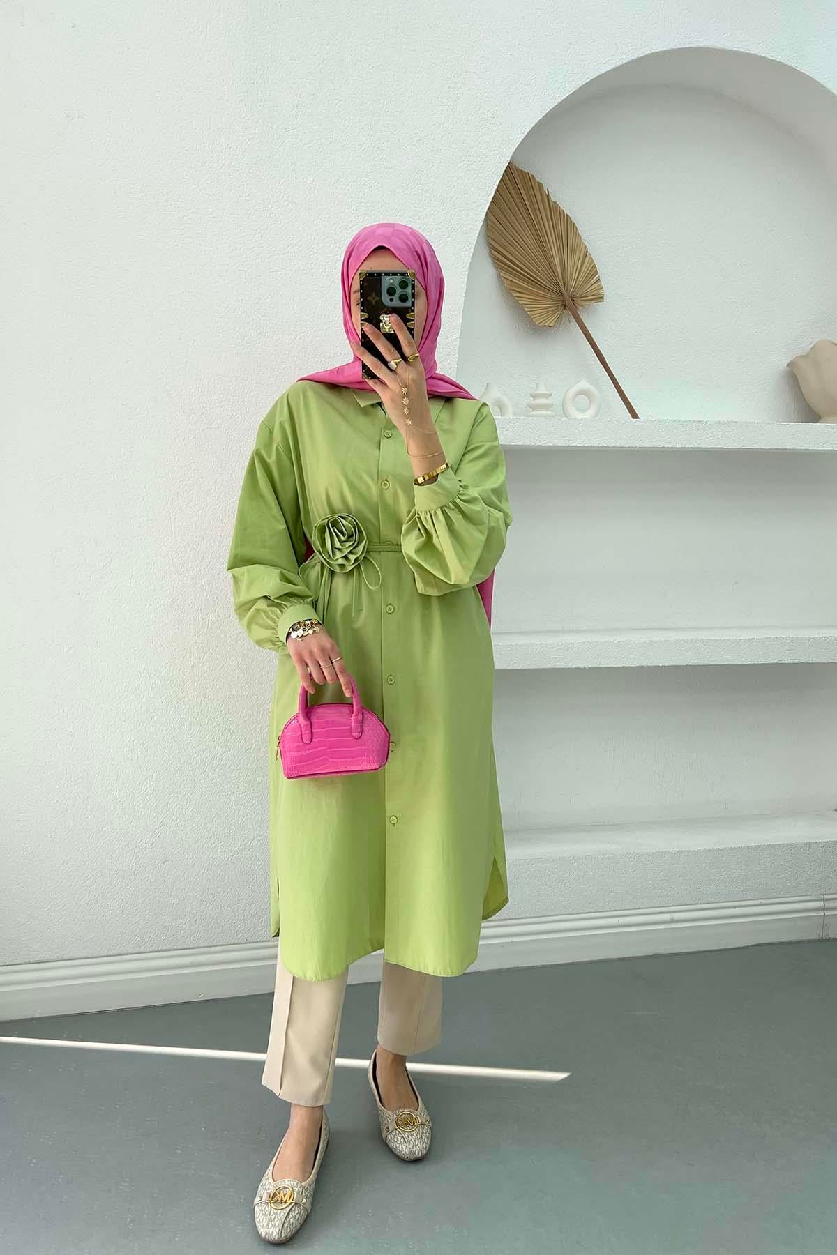 Gül Kuşaklı Poplin Tunik Soft Yeşil