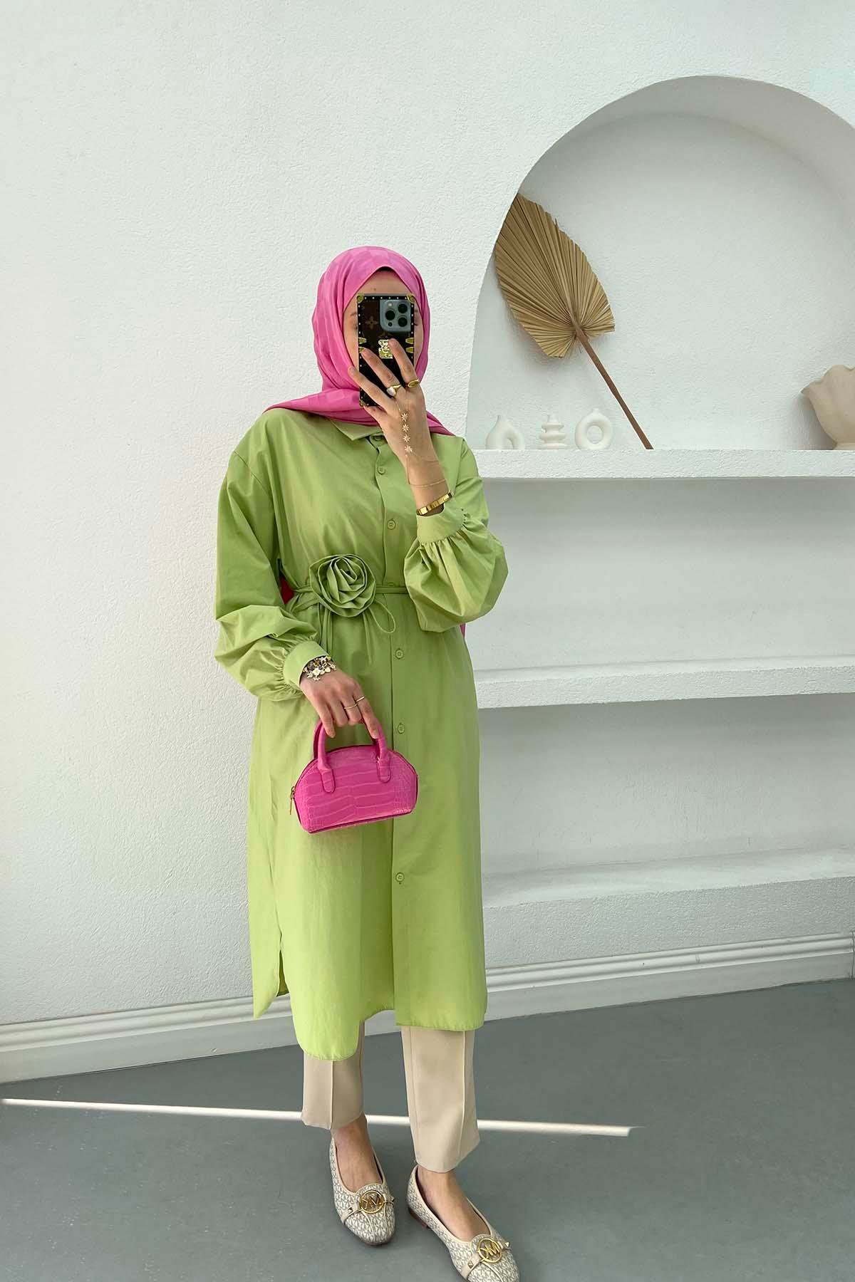 Gül Kuşaklı Poplin Tunik Soft Yeşil