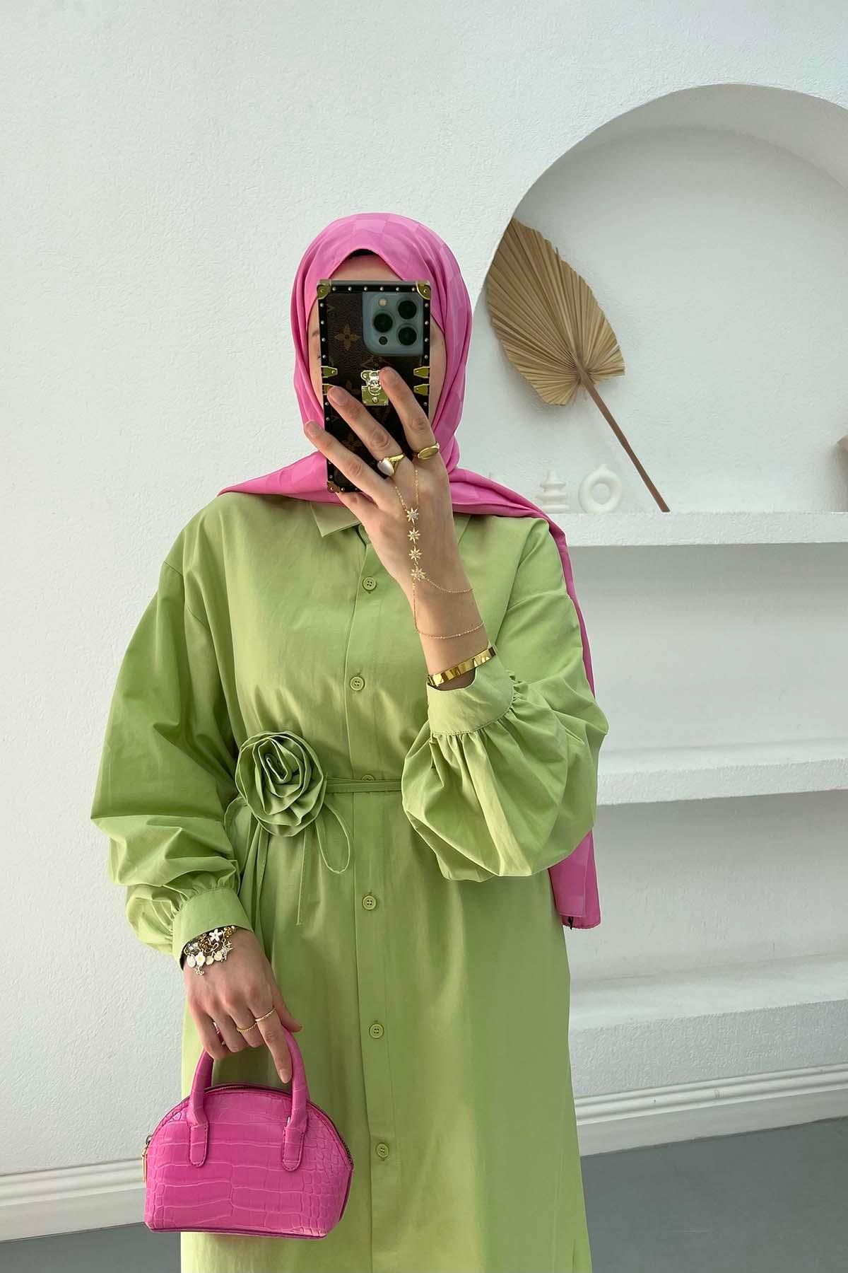 Gül Kuşaklı Poplin Tunik Soft Yeşil