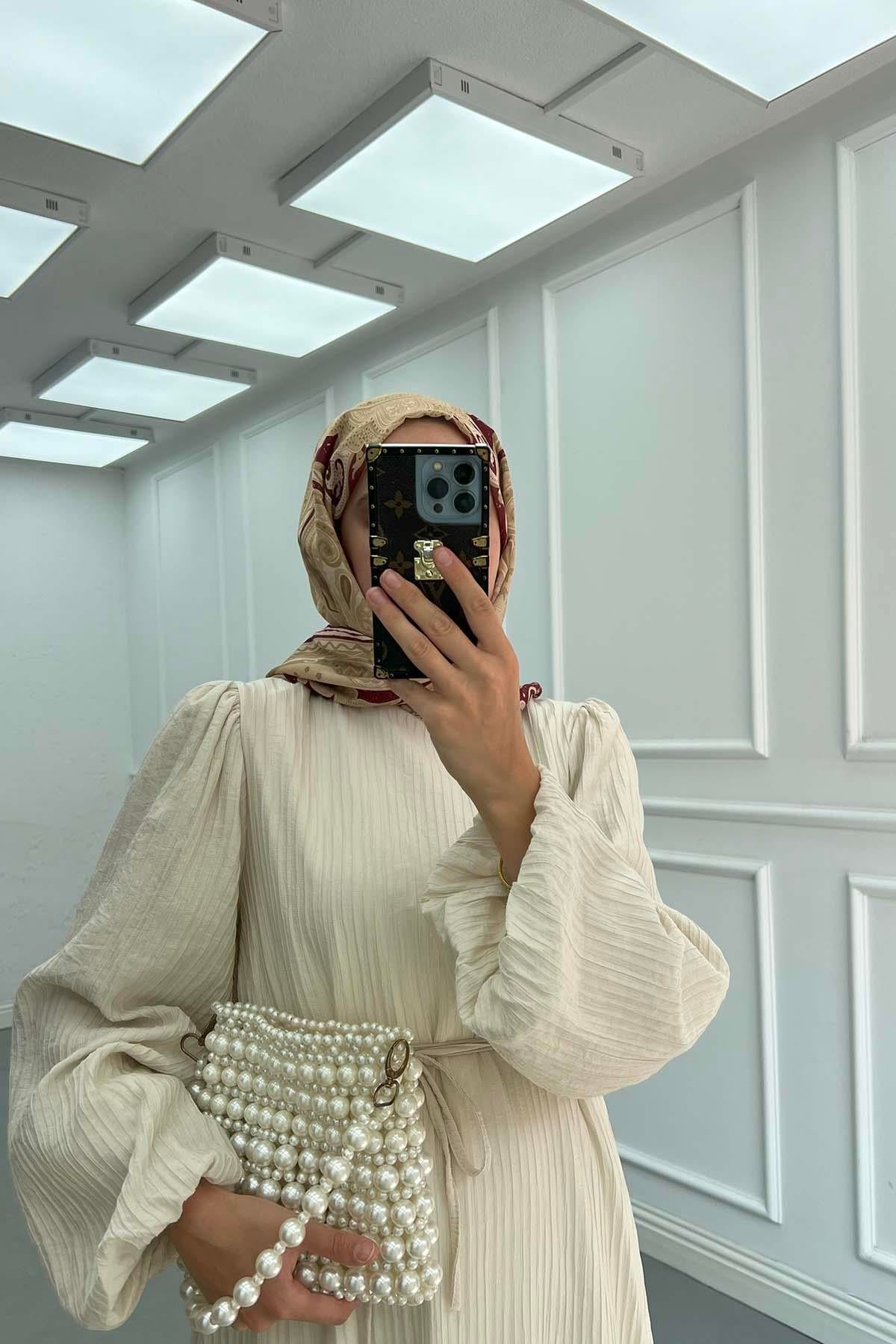 Hakim Yaka Balon Kol Kuşaklı Elbise Ekru