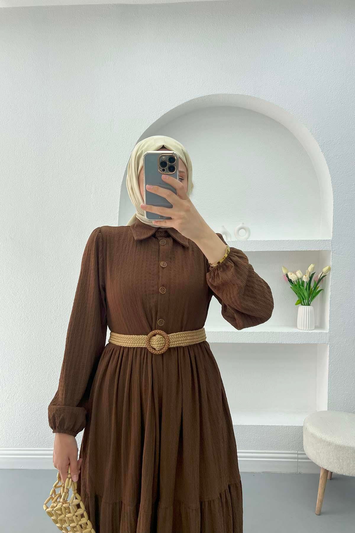 Hasır Kemerli Elbise Kahve
